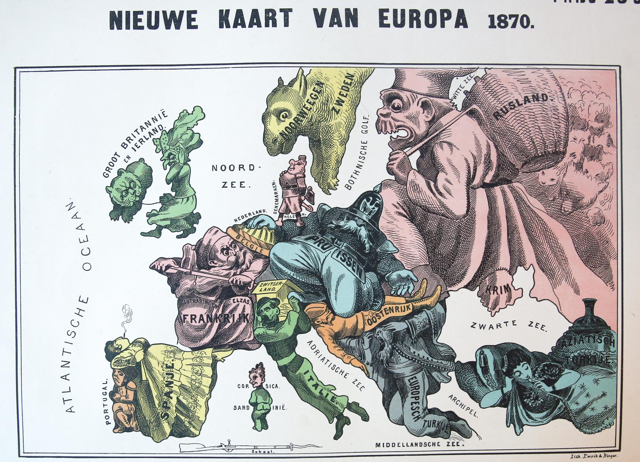 [Caricatural map] - [Caricatural map]: Nieuwe kaart van Europa 1870, colored lithographed map on one leaf, by Emrik & Binger, with text underneath: Engeland, op zich zelf staande, schuimbekt van woede, en vergeet bijna Ierland om, dat het aan den leiband houdt (...).