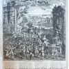 [Caricature, engraving, satirical print]. "De Kermis-Kraam, van de Actie-Knaapen, Schaft vreugde, en droefheid, onder 't Kaapen." Engraving, 454 x 350 mm, engraved title above and "Verklaaring op de Print door Philadelphus" below, from Het Groote tafereel der Dwaasheid, 1720.