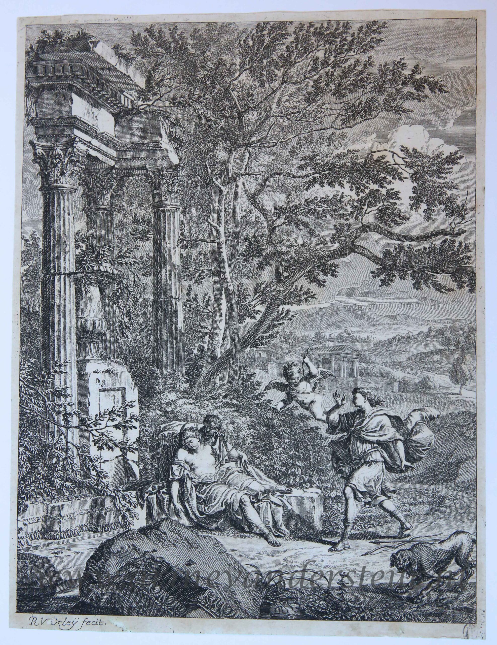 [Antique etching and engraving] Silvio with the wounded Dorinda/Silvio raakt Dorinda met een pijl, published 1690-1700.