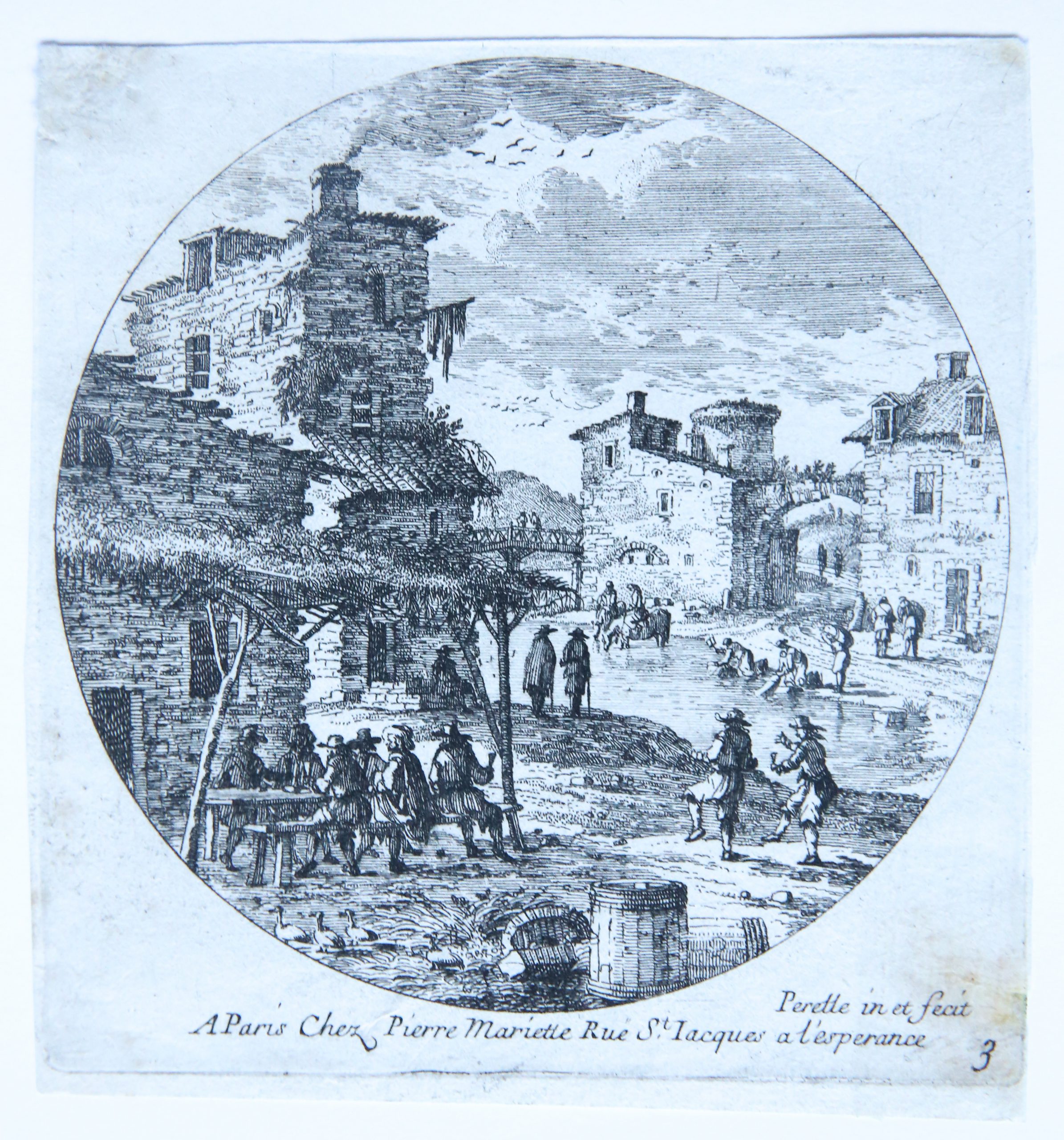 Etching/ets: View of Paris with inhabitants (Stadsgezicht van Parijs, Rue st. Jacques), ca 1695 published.