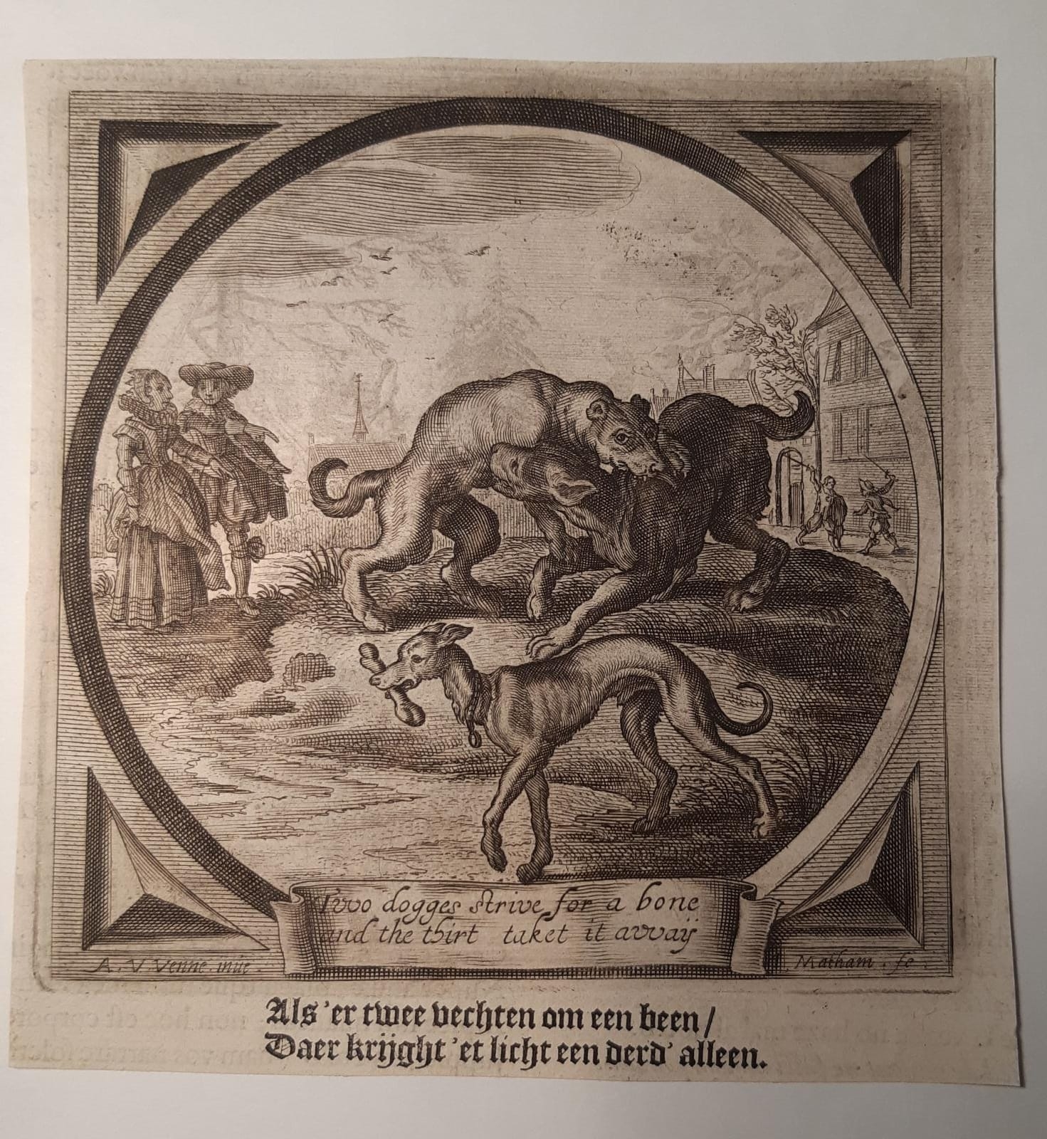 Two dogges strive vor a bone, and the thirt taket it awaij (Alle de Wercken van den heere Jacob Cats..., 1655)