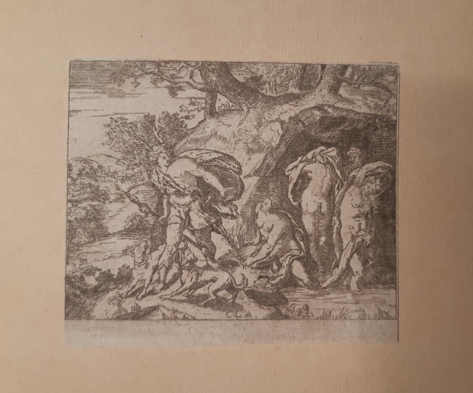 [Antique print, etching] Diana and Actaeon, published 17th-century.