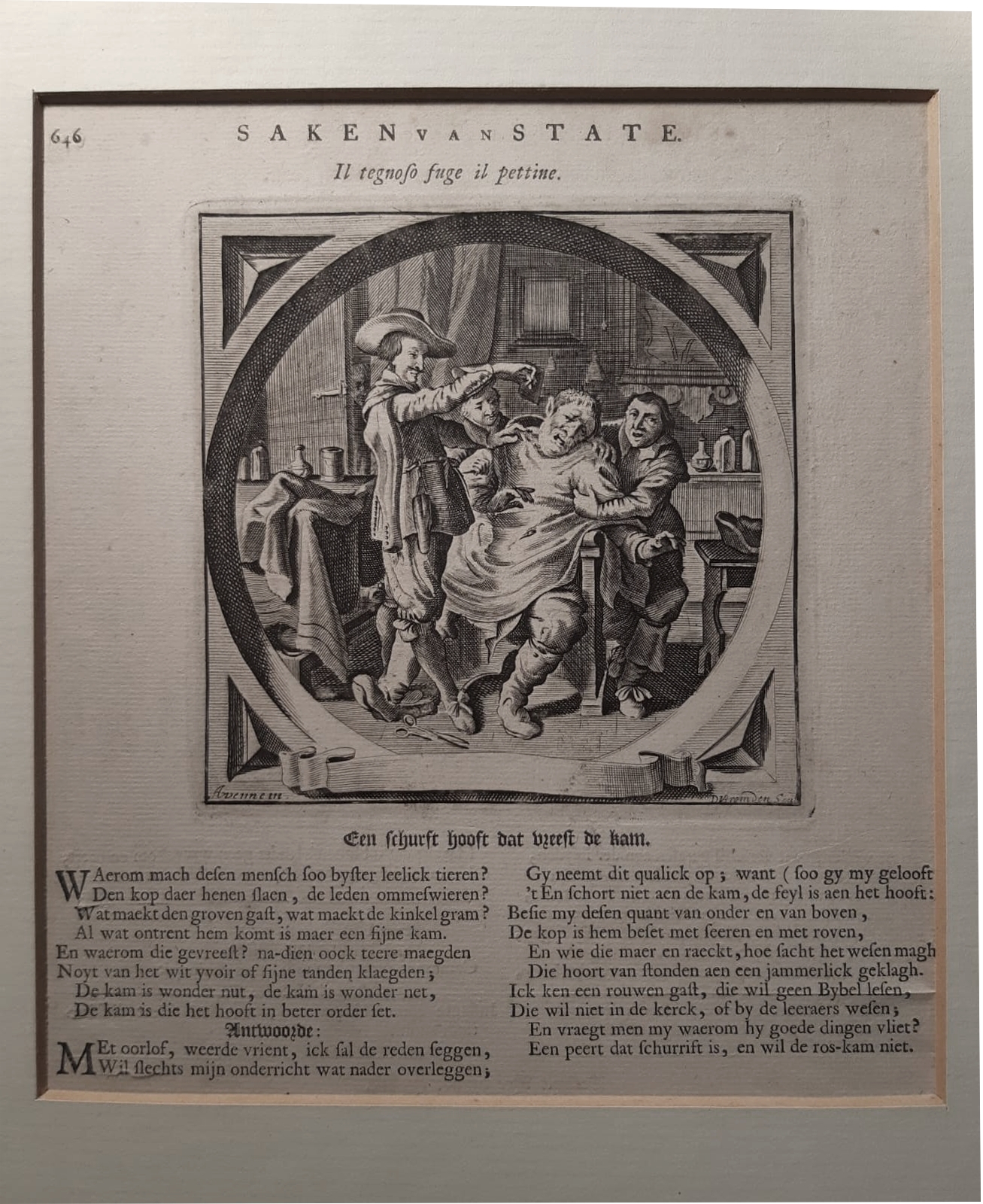 Il tegnoso fuge il pettine (Alle de Wercken van den heere Jacob Cats..., 1655)