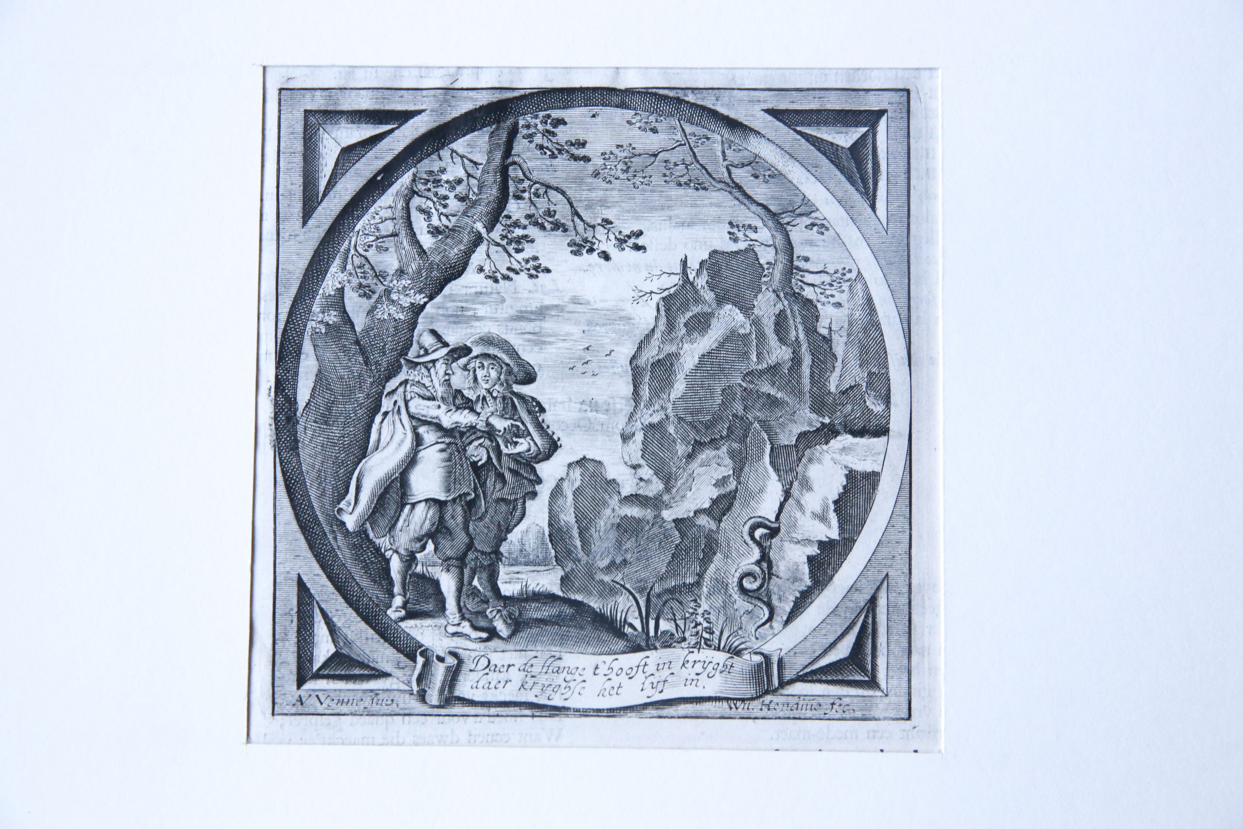Engraving/Gravure: Daer de slange het hooft in krijght, daer krijgtse licht het lijf in (Alle de Wercken van den heere Jacob Cats..., 1655).