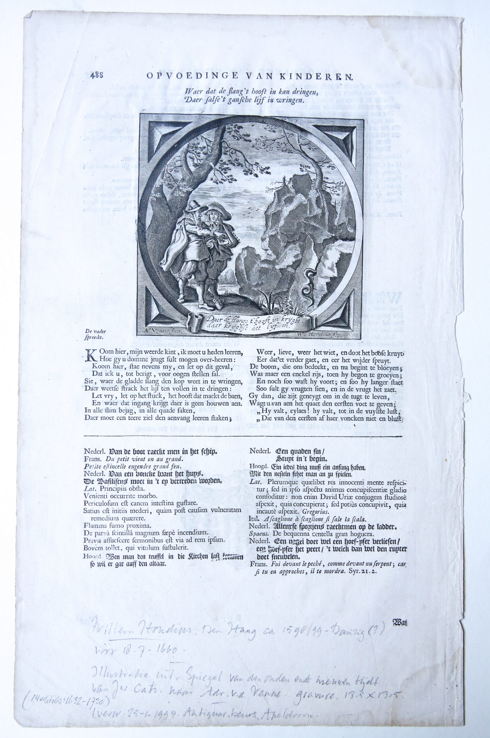 Engraving/Gravure: Daer de slange het hooft in krijght, daer krijgtse licht het lijf in (Alle de Wercken van den heere Jacob Cats..., 1655).