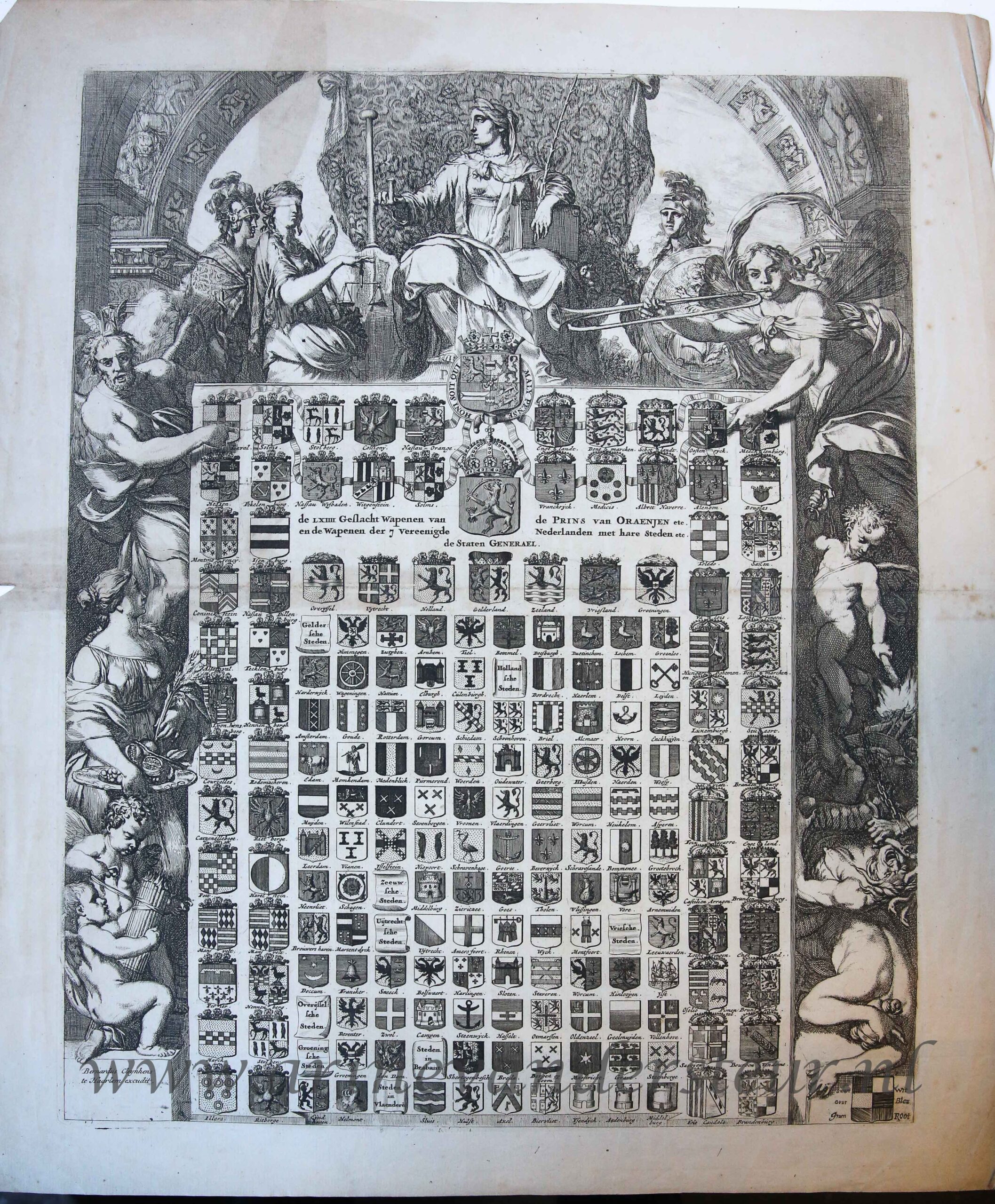 [Antique print, etching] De LXIIII Geslacht Wapenen van de Prins van Oraenjen etc. en de Wapenen der 7 Vereenigde Nederlanden met hare Steden etc., published ca. 1672.