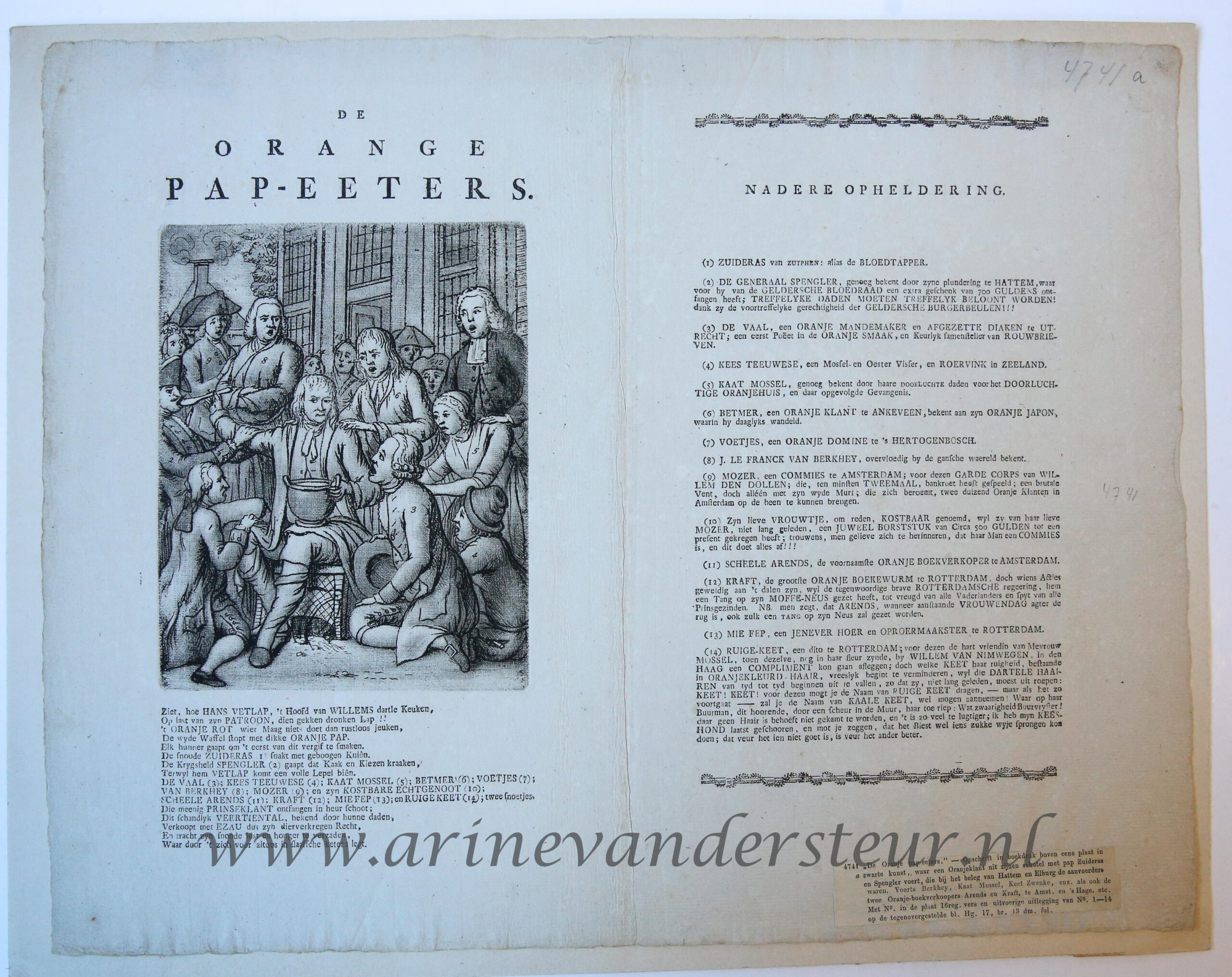 [Mezzotint/Satirical print/Spotprent, Orangist] "De Orange pap-eeters", with printed text, 1786.