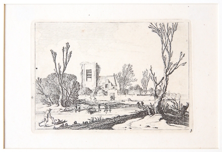 [Antique print, etching] Winter scene, iceskating: Skaters before a Church and a Village, published ca. 1650.