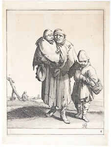 Pieter Jansz. Quast (1605/6-1647) - [Antique print, etching] Three beggars [4] (Set title: Beggars and Peasants, 26 plates)/Drie bedelaars, uit de serie Bedelaars en Boeren, published 1634, 1 p.