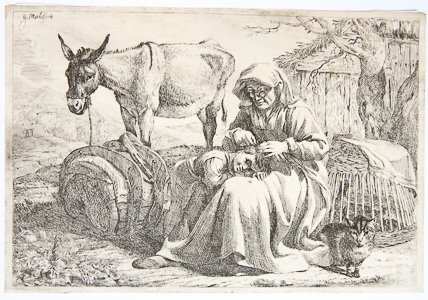[Antique print, etching] An old woman combing the hair of a girl. (Bamboccianti)/Oude vrouw die haar kamt/luizen zoekt, published ca. 1650.