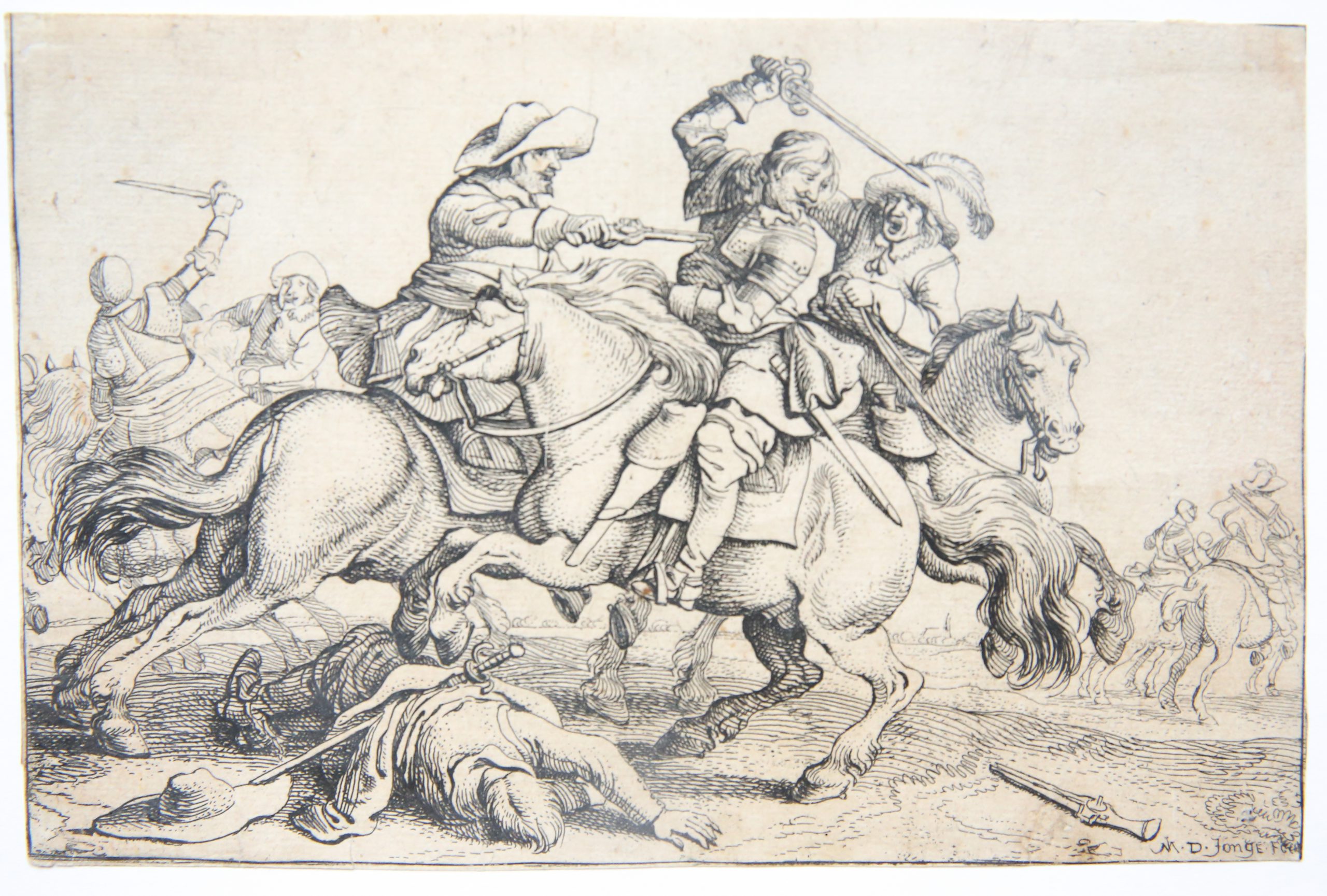 [Antique print, etching/ets] Three fighting soldiers on horse/ Drie vechtende soldaten op paarden, published ca. 1650.