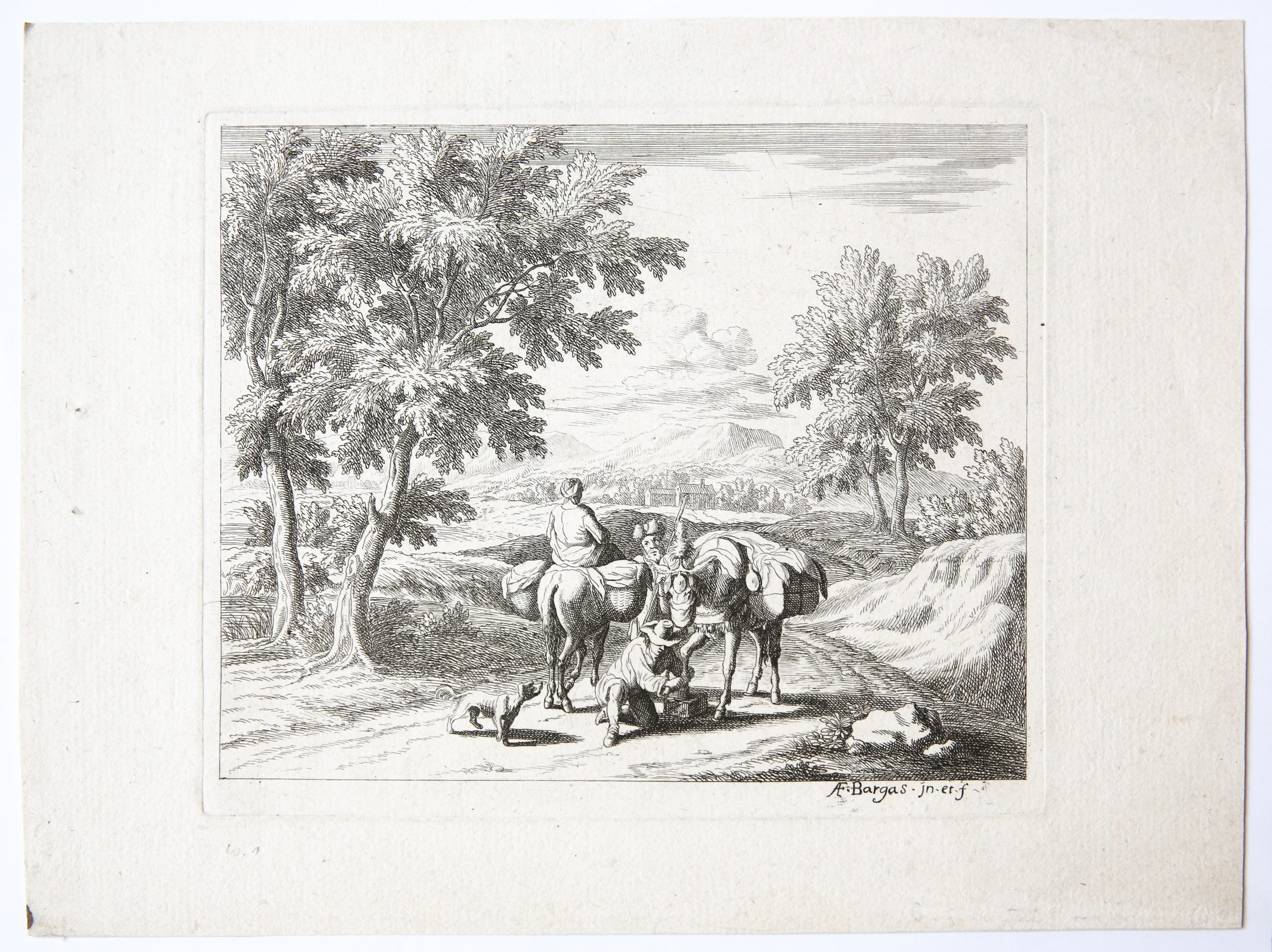 [Antique etching/ets] Landscape with muleteer/landschap met dieren drijvers, published 1660-1669.