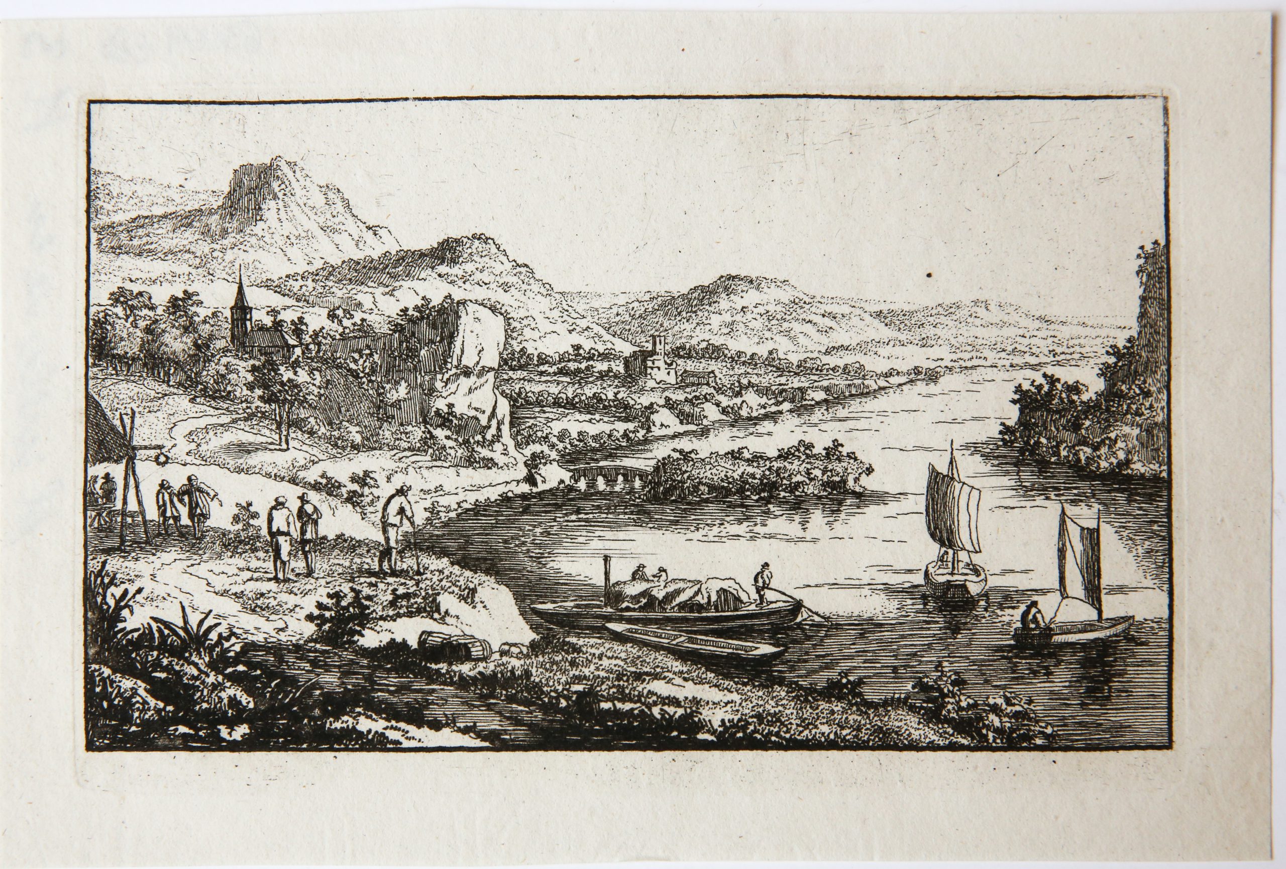 [Antique etching/ets] River landscape with peasants. [Set of 6: Various Landscapes]/Rivierlandschap met boeren.