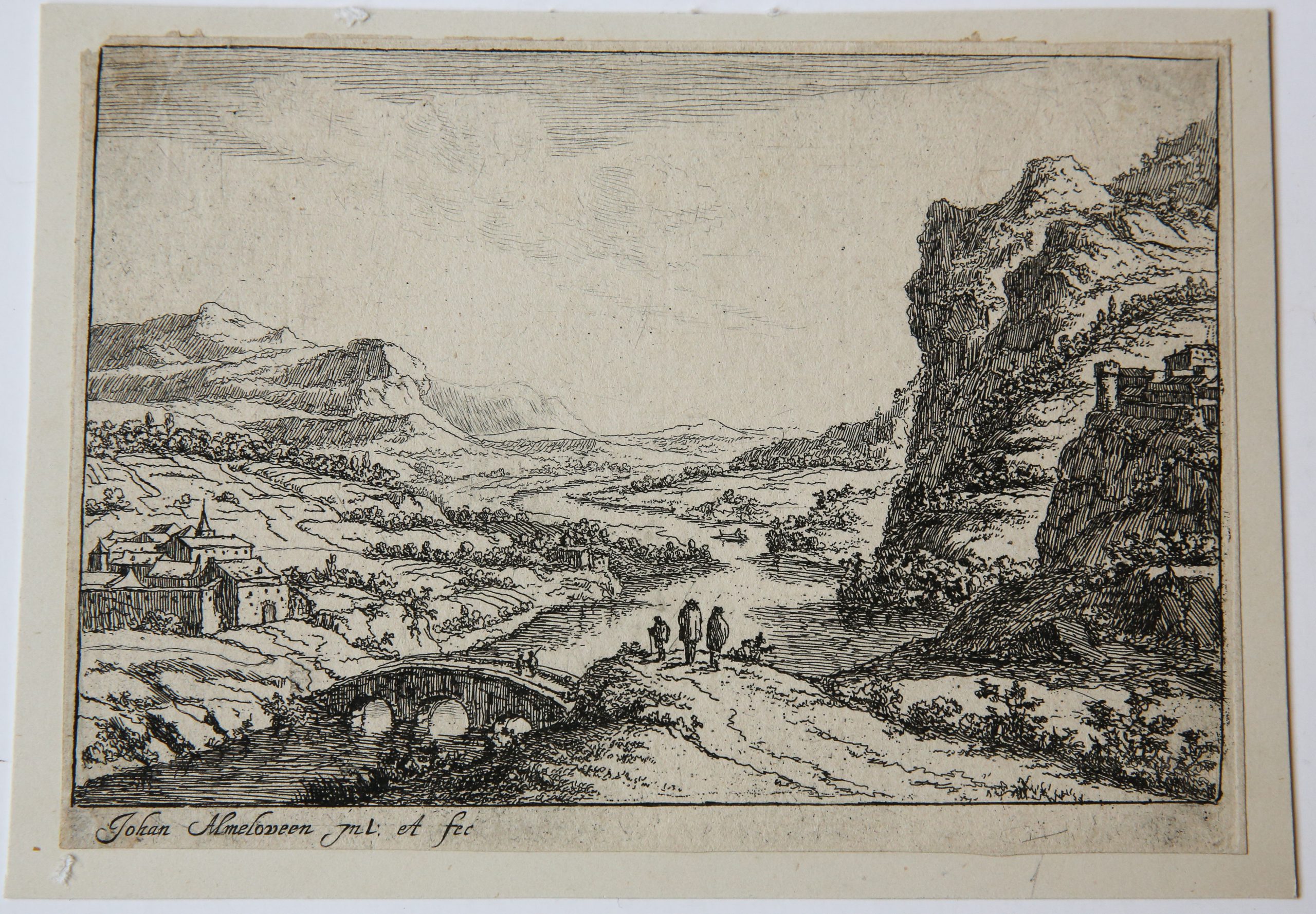 [Original etching/ets] River landscape with antique bridge. [Set of 4: Various Landscapes]/Rivierlandschap met antieke bruggen.