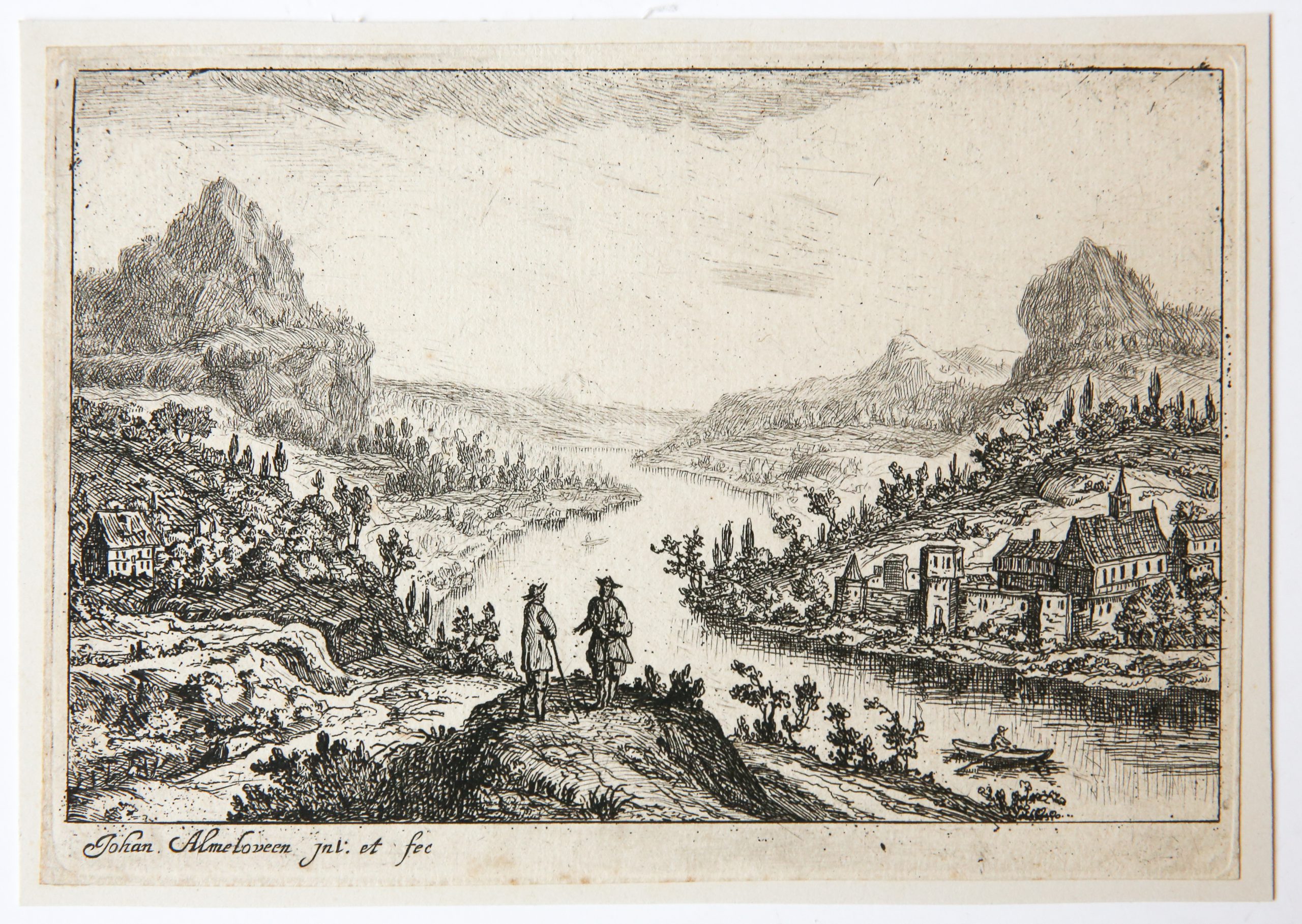 [Original etching/ets] River landscape with hikers. [Set of 4: Various Landscapes]/Rivierlandschap met wandelaars.