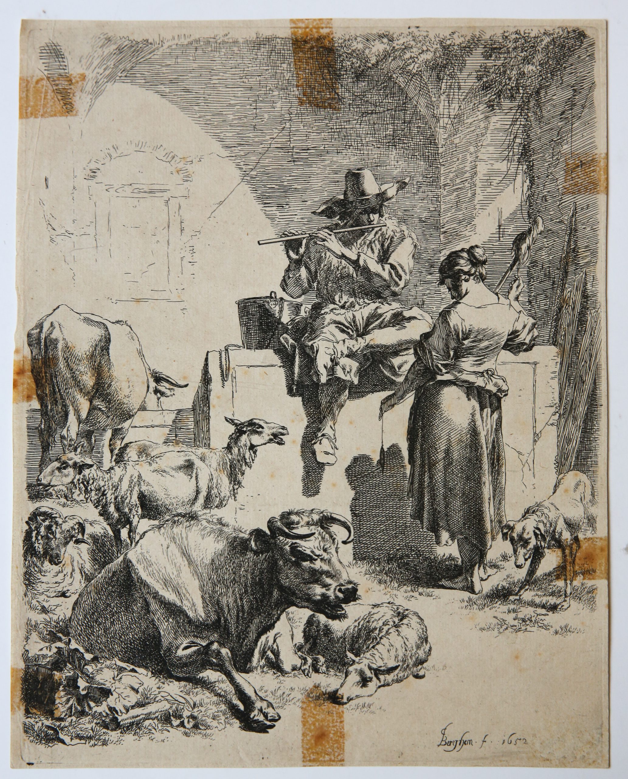 [Original etching/ets van Berchem] The shepherd seated on a fountain and the spinner/schaapsherder bij fontein en spinnende vrouw.