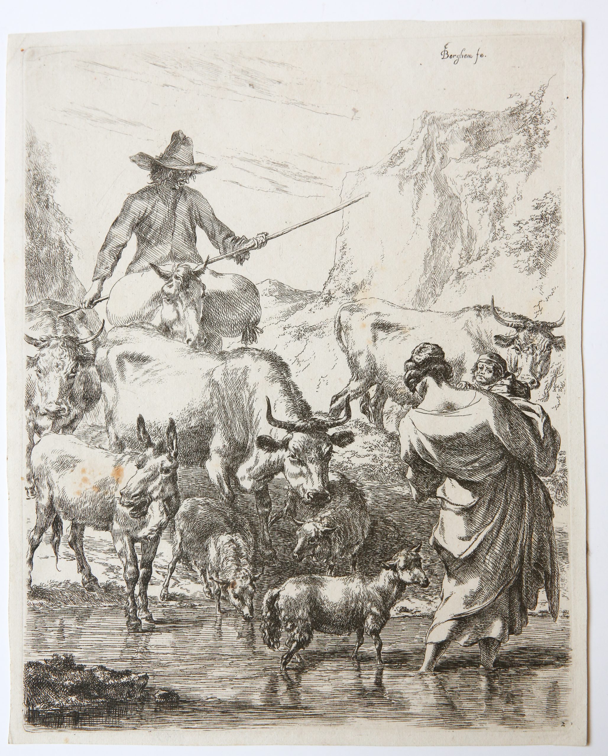 [Original etching/ets van Berchem] The herd, crossing the brook/Kudde die de beek oversteekt.