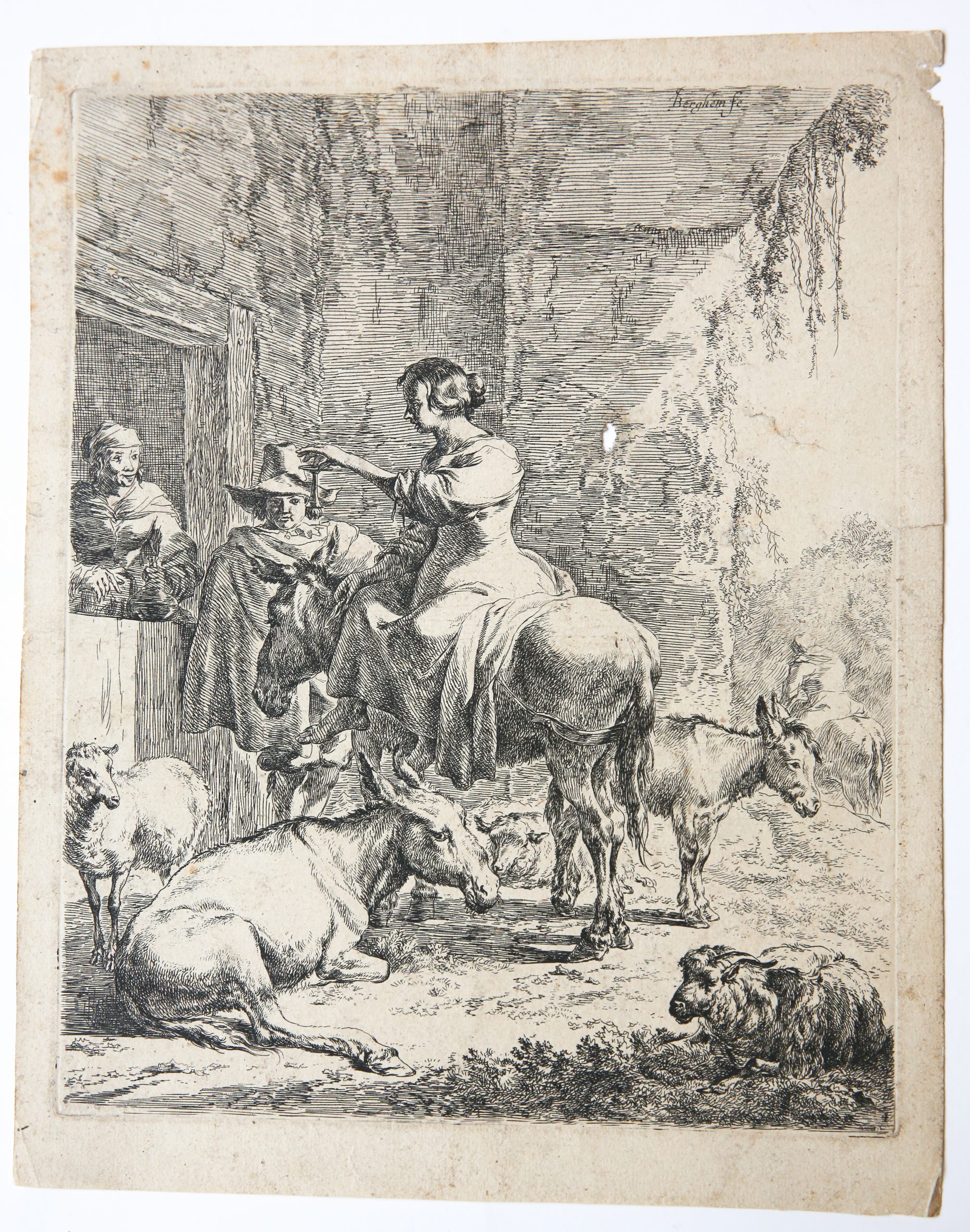 [Original etching/ets by Berchem] People and animals before the inn/Mensen en dieren voor de herberg.
