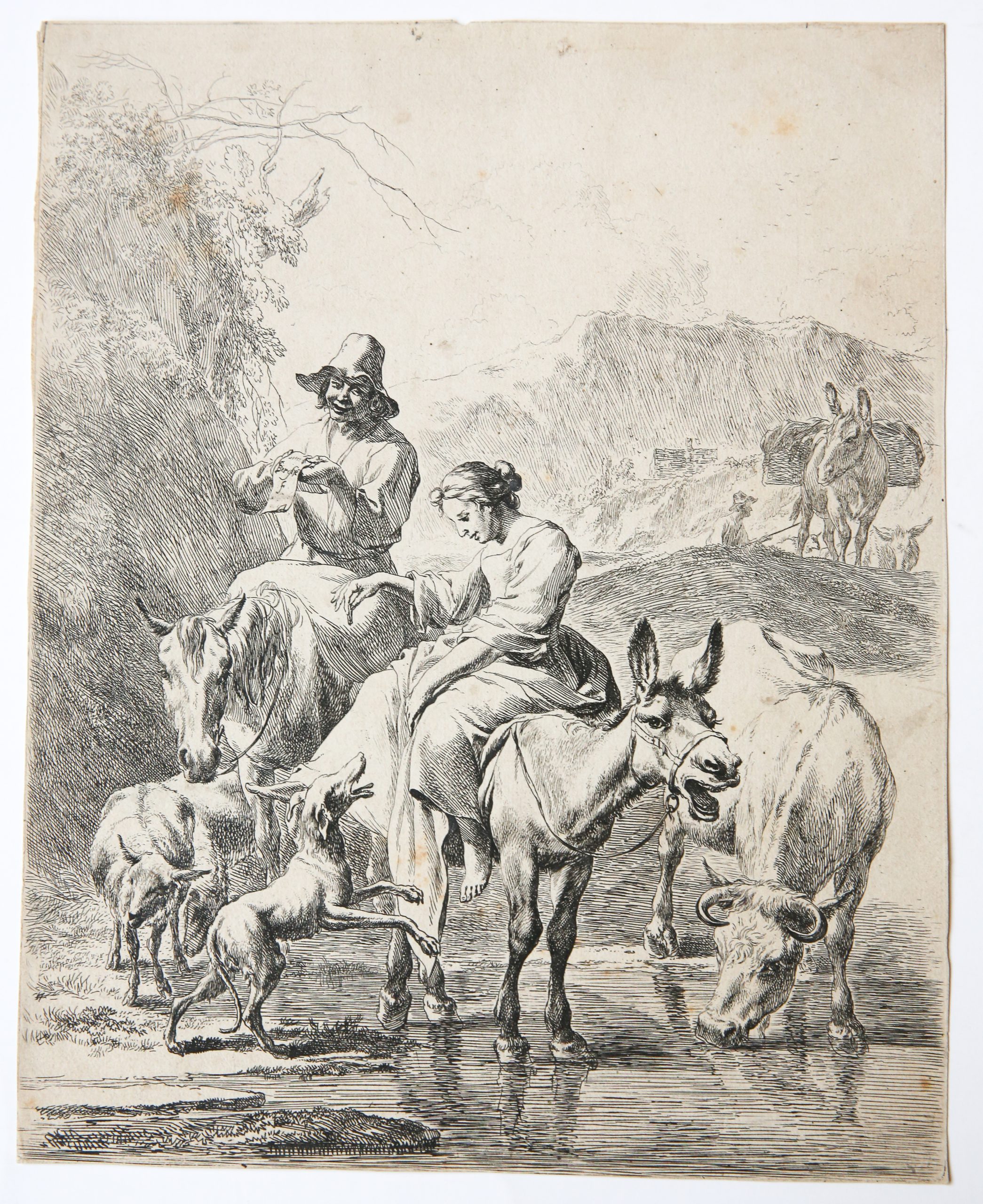 [Original etching/ets by Berchem]: Shepherdess on the donkey/Herderin op ezel.