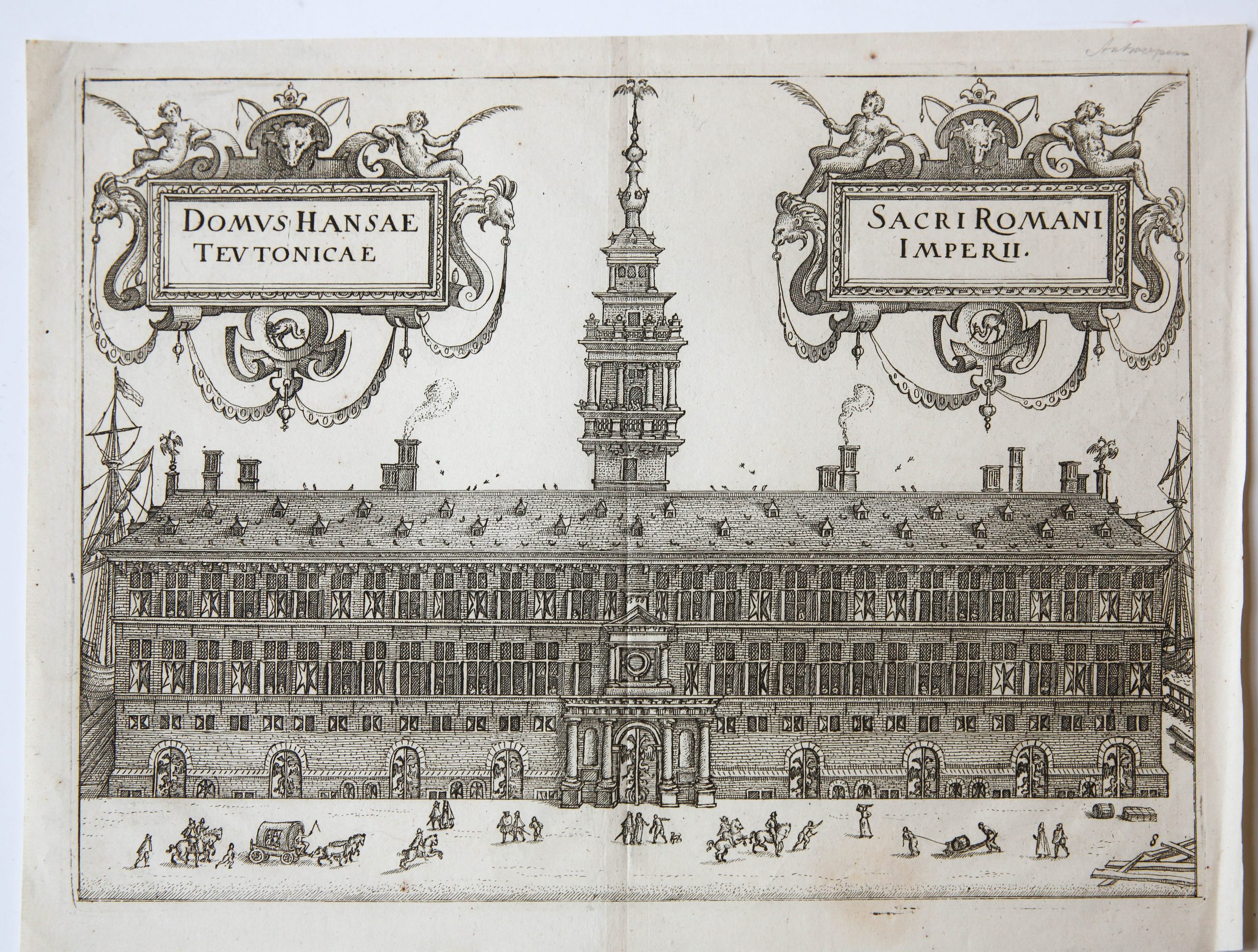[Antique print, engraving] The Hanzehuis in Antwerp [the Eastern House]/Het Hanzehuis in Antwerpen, published 1612.