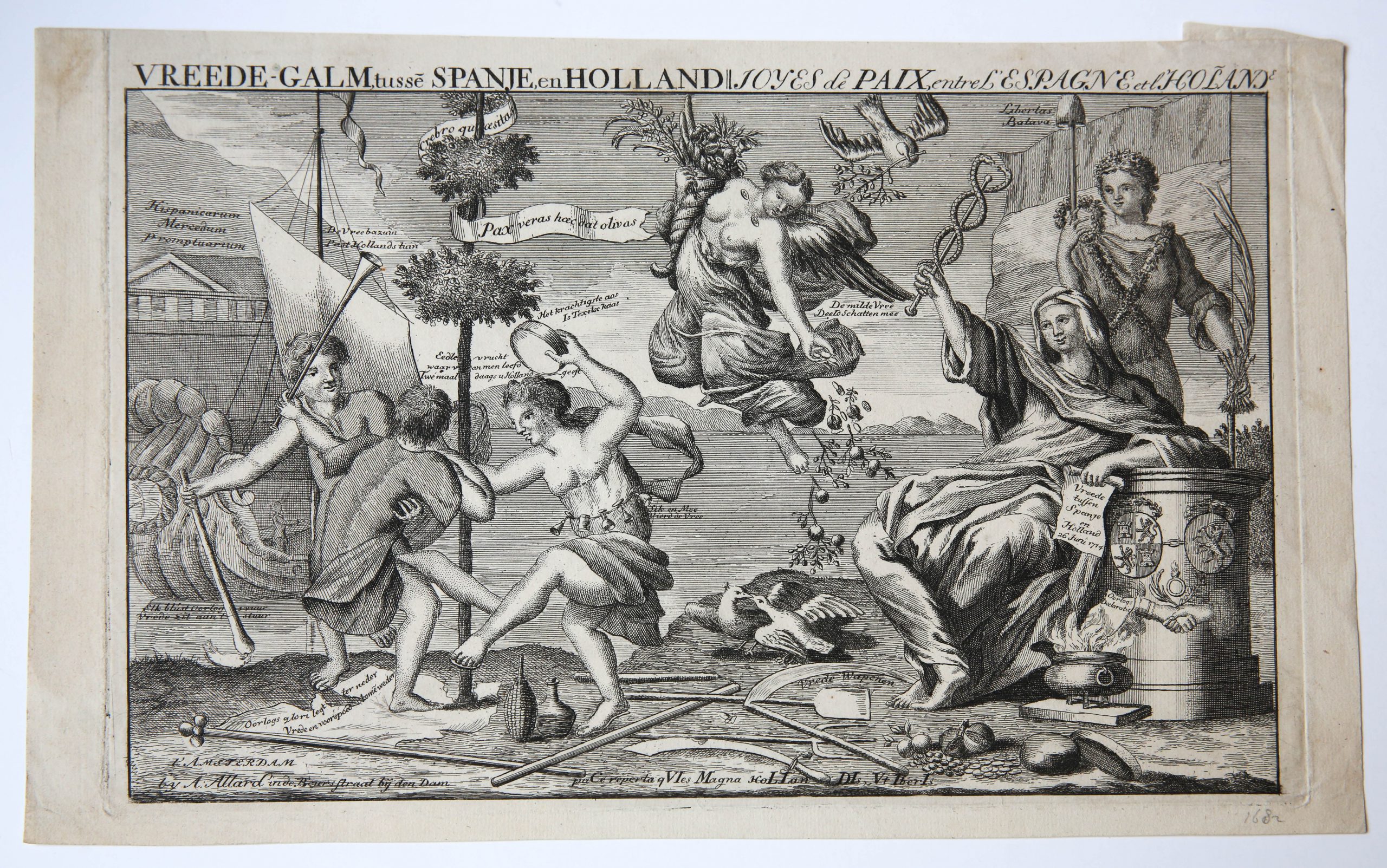 [Original antique etching/originele antieke ets] Vreede-Galm, tusse Spanie, en Holland (The Joys of Peace, between Spain and Holland).