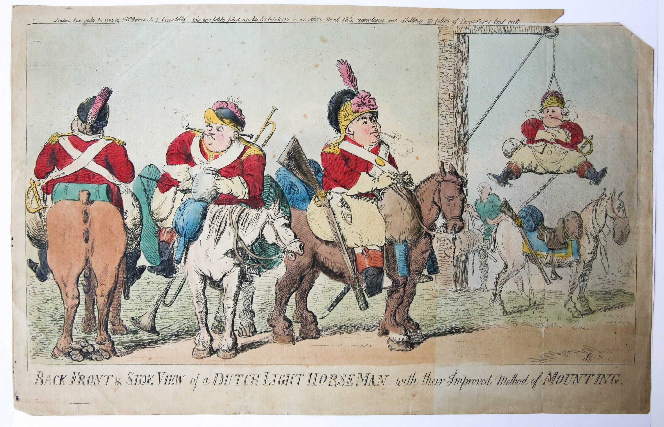 [Satirical British print/Britse spotprent] Back front & side view of a Dutch light horse-man, with their improved method of mounting/Het bestijgen van een paard door een Nederlandse ruiter.