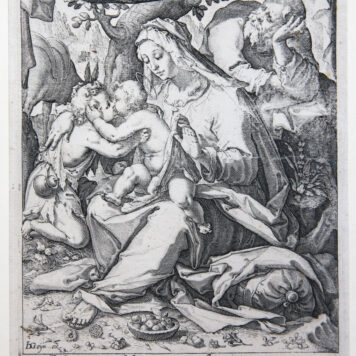 [Antique print, engraving] The Holy Family beneath a canopy/De Heilige familie onder een luifel, published ca. 1596.