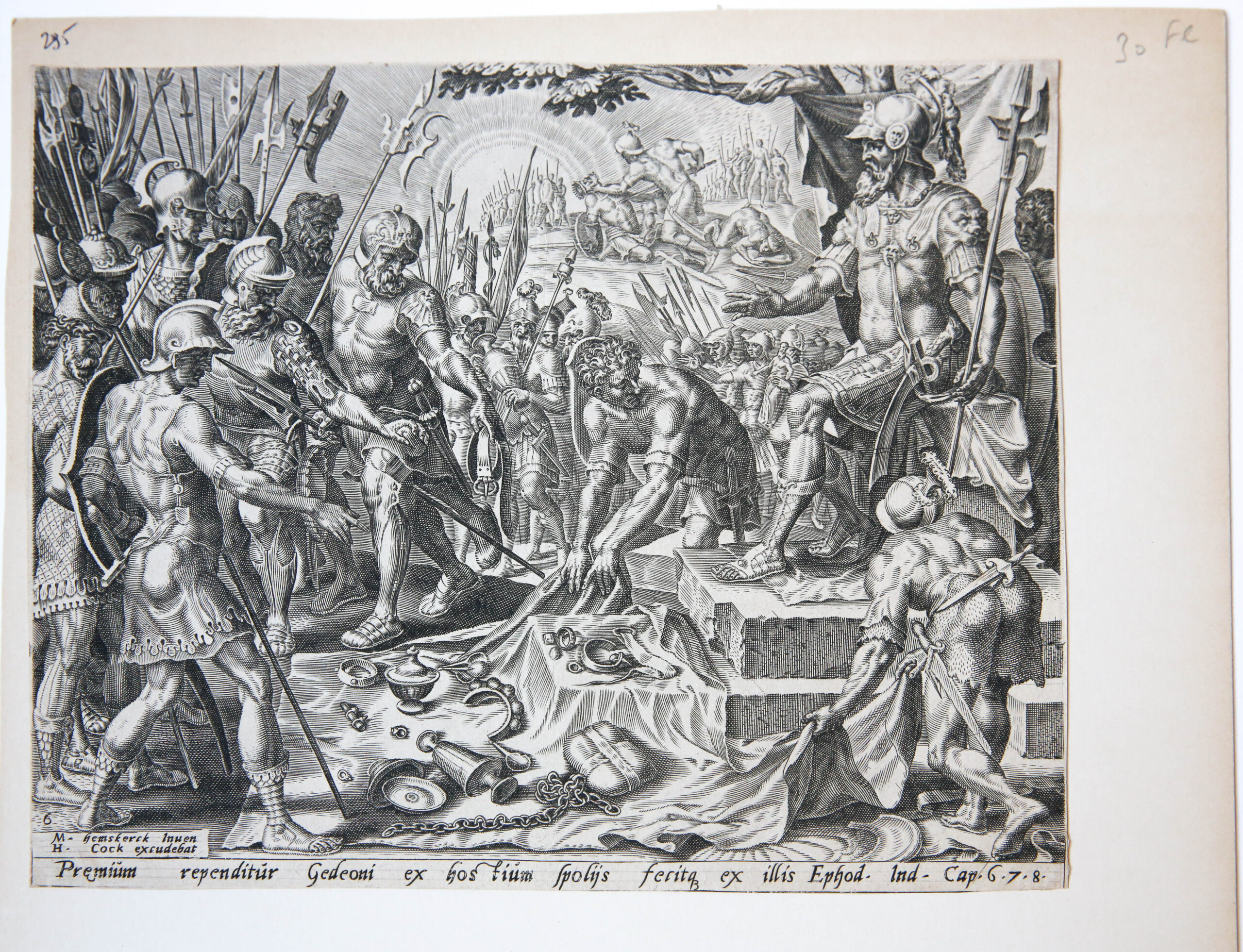 Biblical print: Gideon receiving a share from the spoils [Judg. 8:21-26]