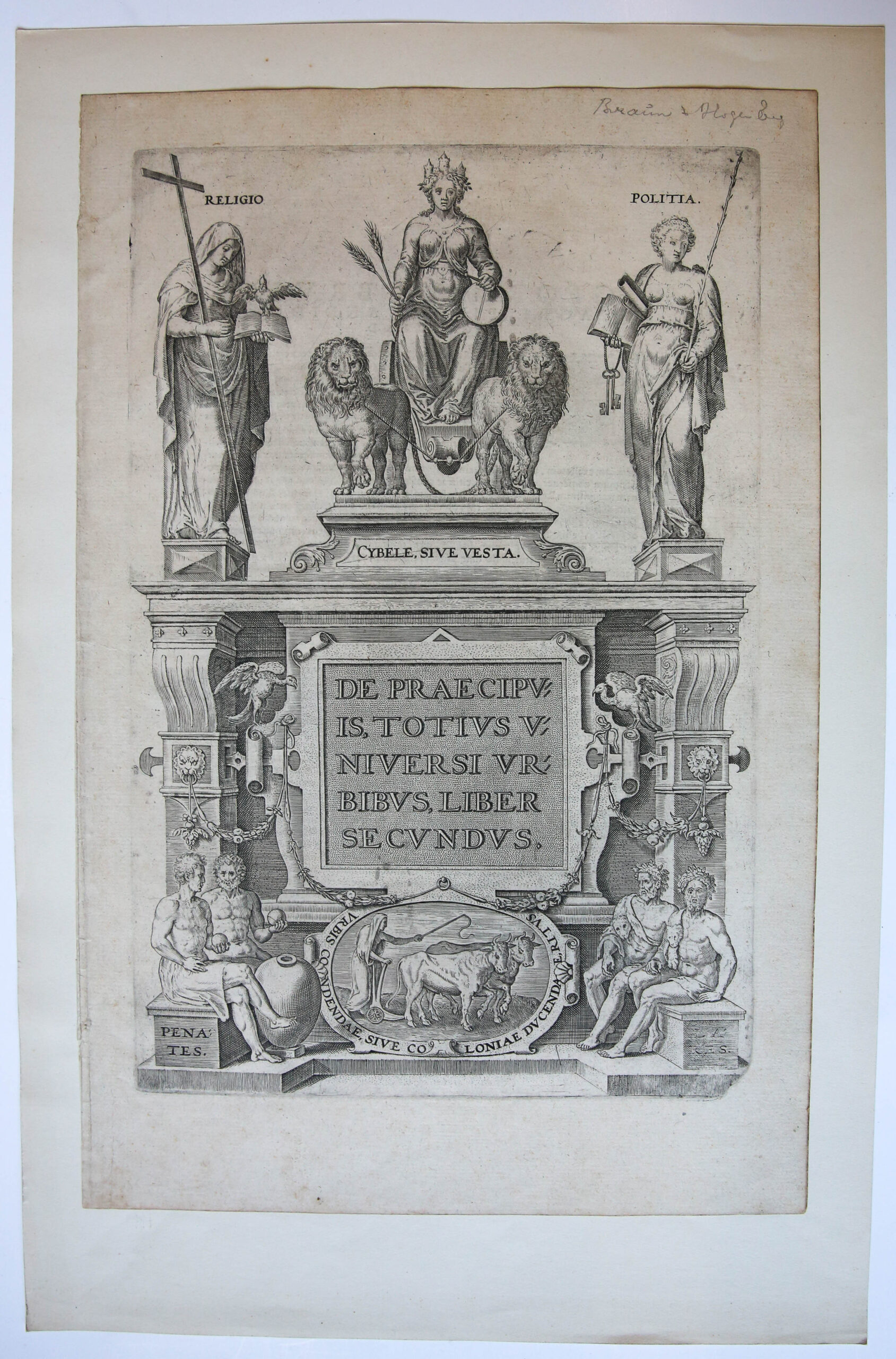 [Antique title page, 1575] Rhea, Religie, Bestuur en huisgoden [Totius Universi Urbibus, Liber Secundus], published 1575, 1 p.