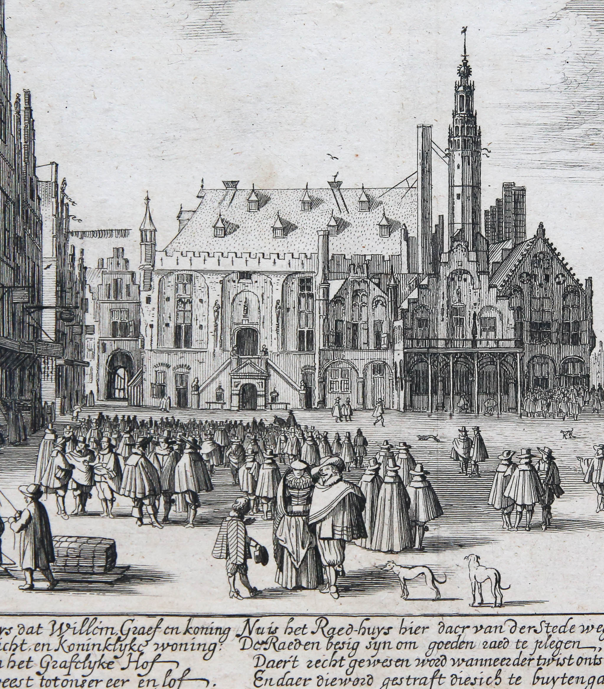 Print. V.d. Velde: Haarlem's Grote Markt with the Townhall/Grote Markt Haarlem