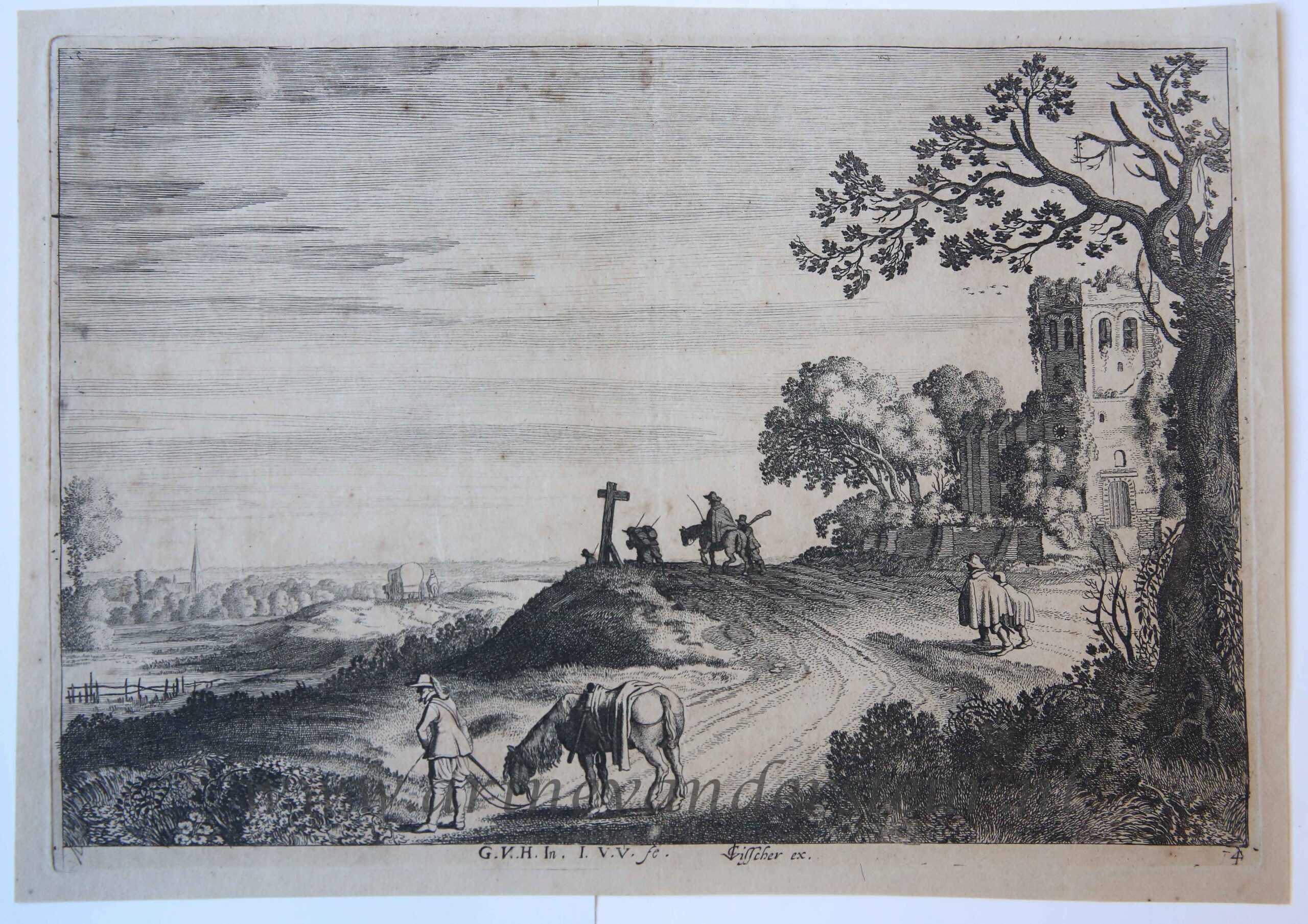 [Antique print, etching] Country road along a ruined church/Landweg bij een kerk ruine, published 1628.