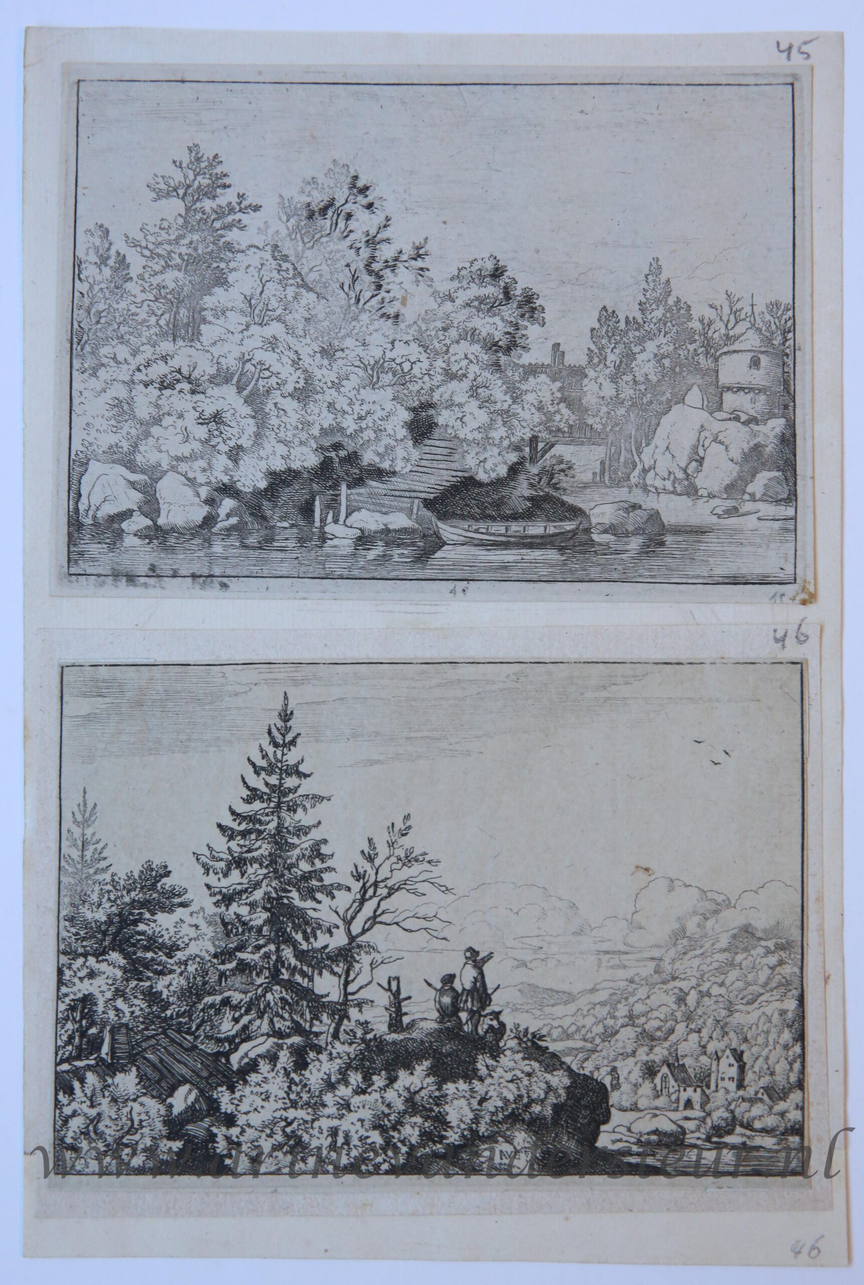 [Antique prints, etching] The Cudgel Dam and the Covered bridge; two men on the hill, published 1631-1657.