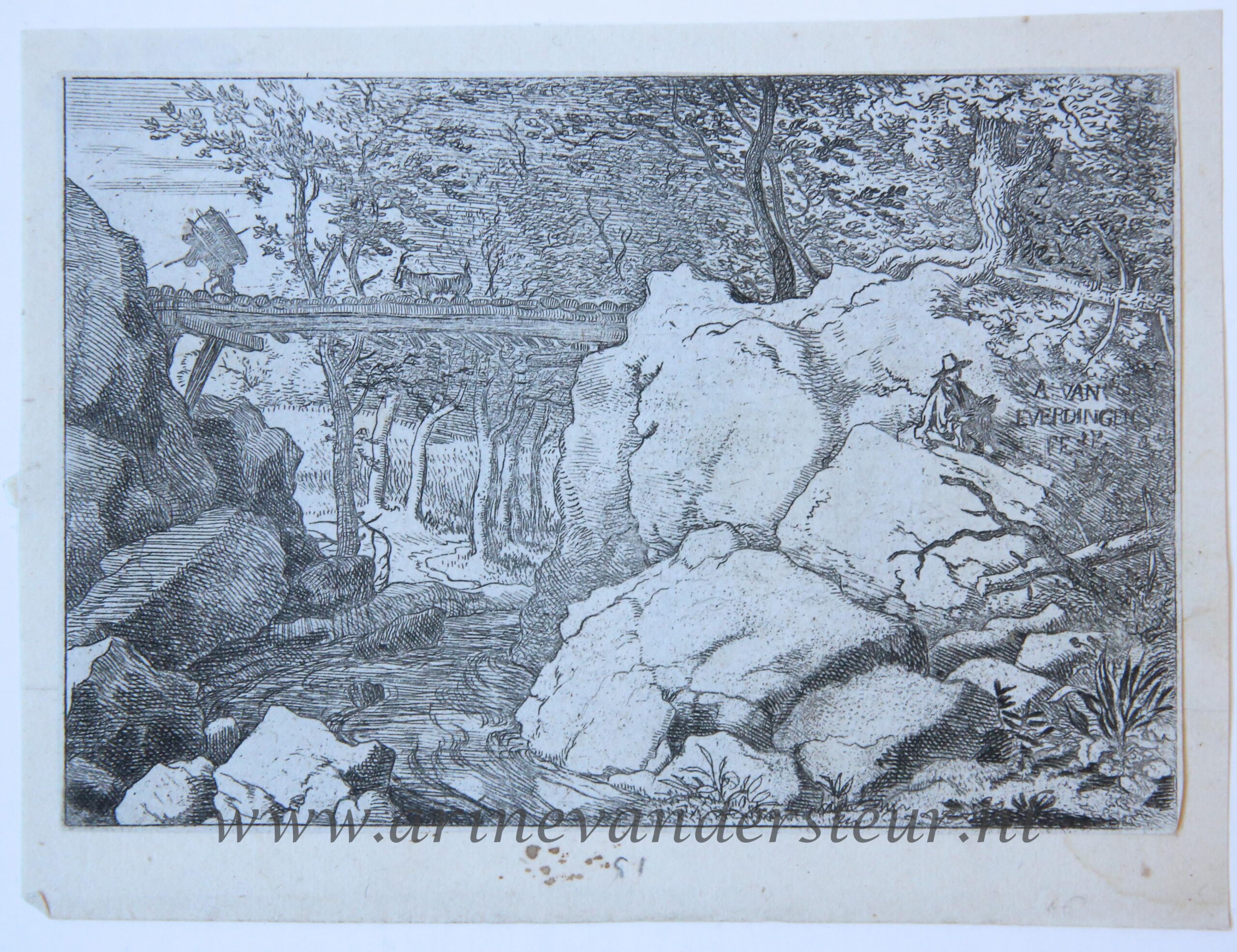 [Antique print, etching] The porter and the goat on a small bridge, published between 1631-1675.