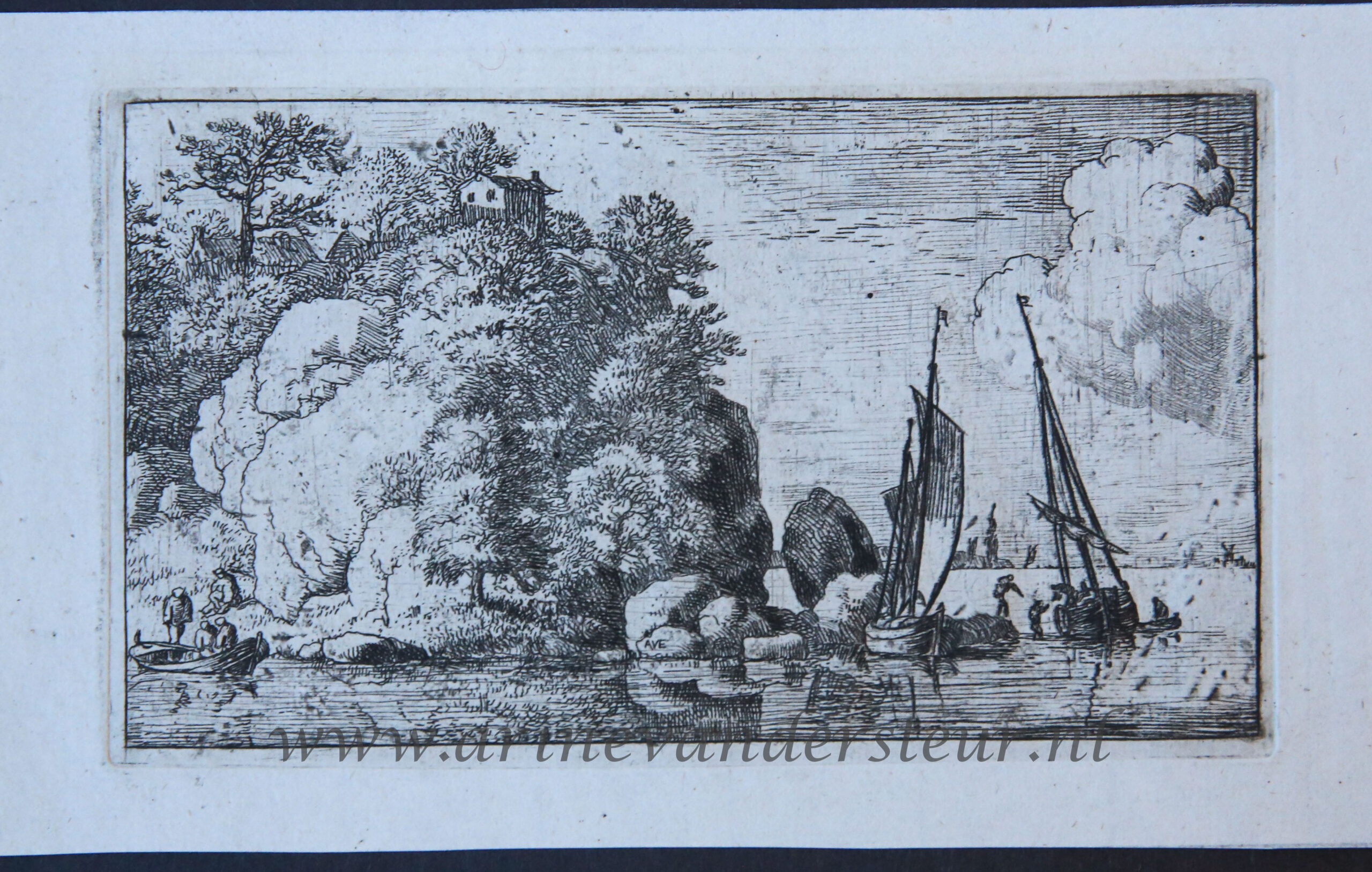 [Antique landscape print, etching] The two boats on the river/twee boten op een rivier, published between 1631-1675..