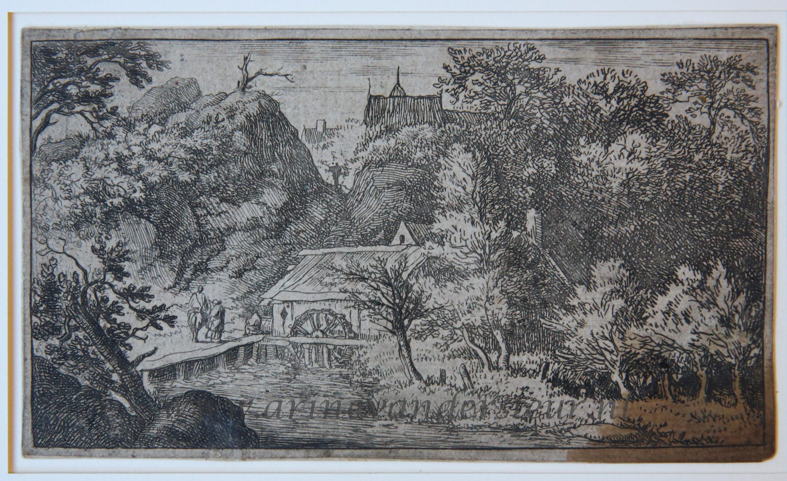 [Antique landscape print, etching] The water mill (watermolen) at the foot of the mountain. [Set: eight landscapes], published 1631-1675.