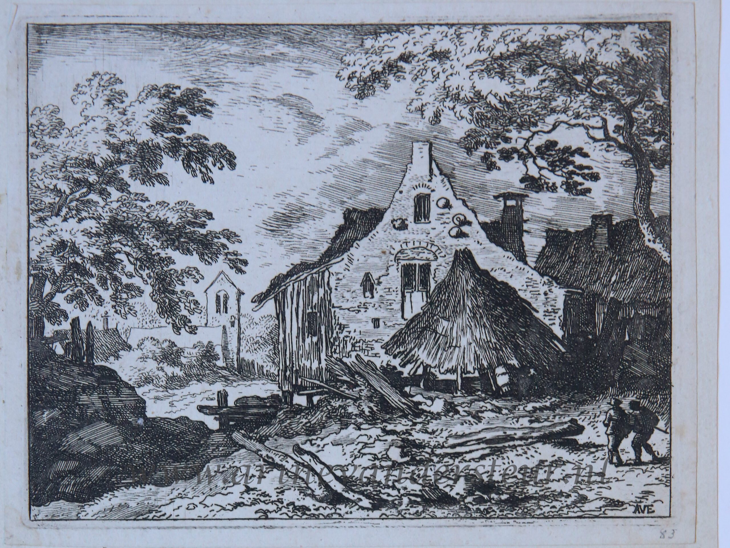 [Antique landscape print, etching/ets] The haybarn with the movable roof/De hooiberg met beweegbaar dak, published 1631-1675.