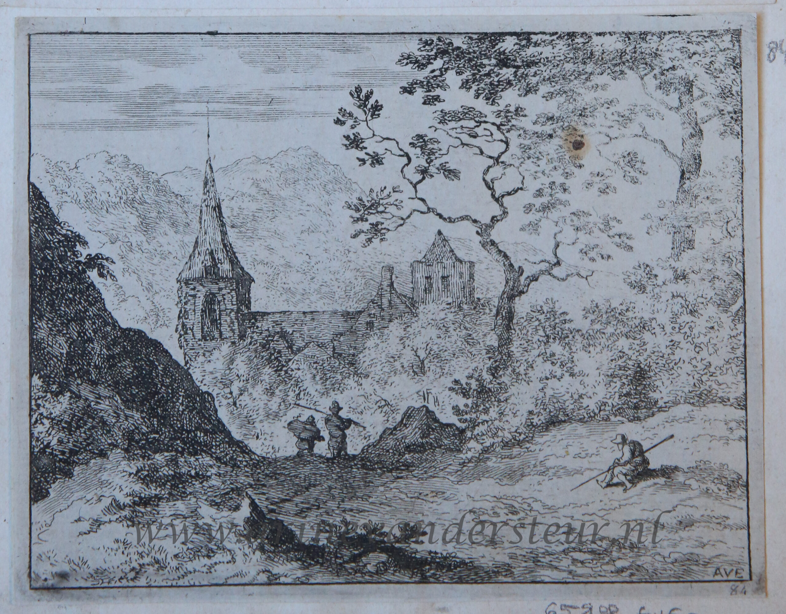 [Antique landscape print, etching/ets] The church in the valley/Kerk in de vallei, published 1631-1675.