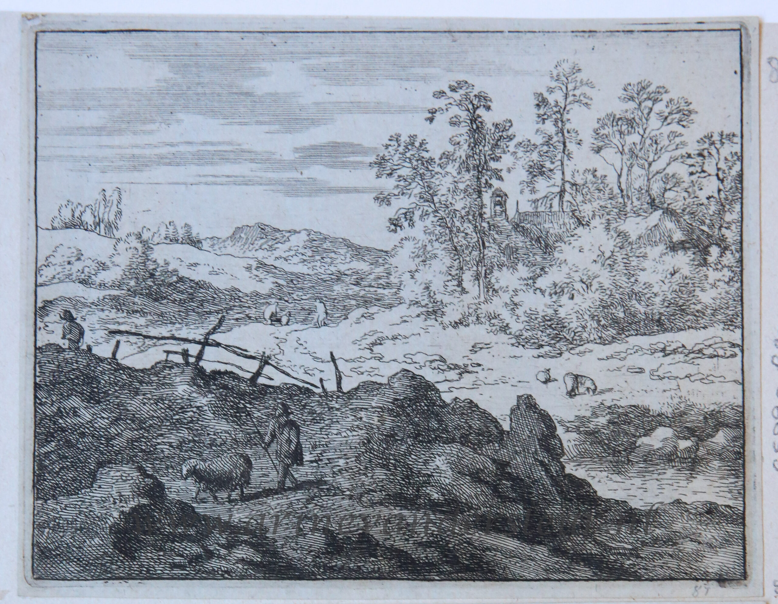 [Antique landscape print, etching/ets] The shepherd and the lamb/De schaapsherder met lam, published 1631-1675.