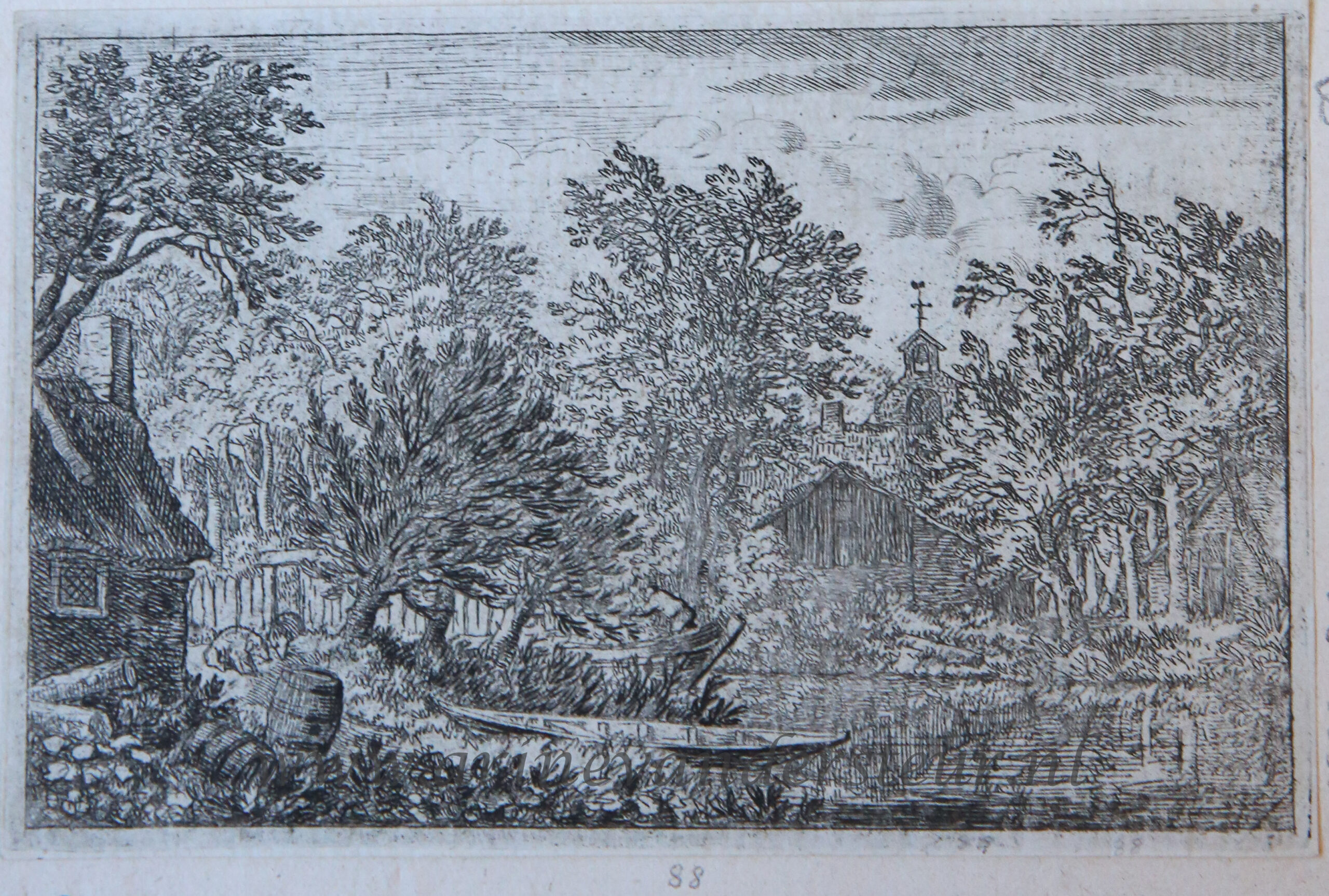 [Antique landscape print, etching/ets] The boat at the river bank/Boot aan de rivieroever, published 1631-1675.