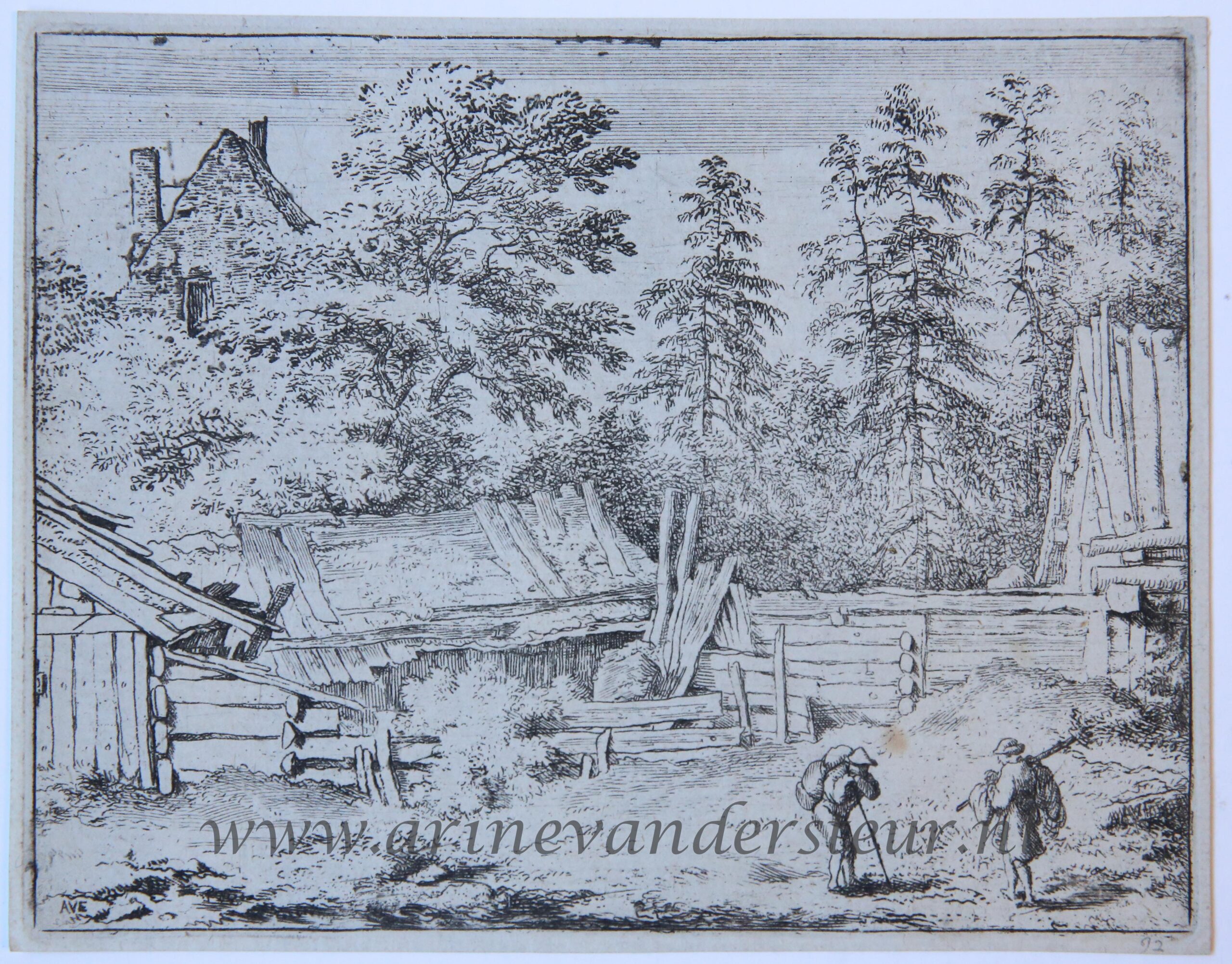 [Antique landscape print, etching/ets] The three cottages/De drie kleine huisjes, published 1631-1675.