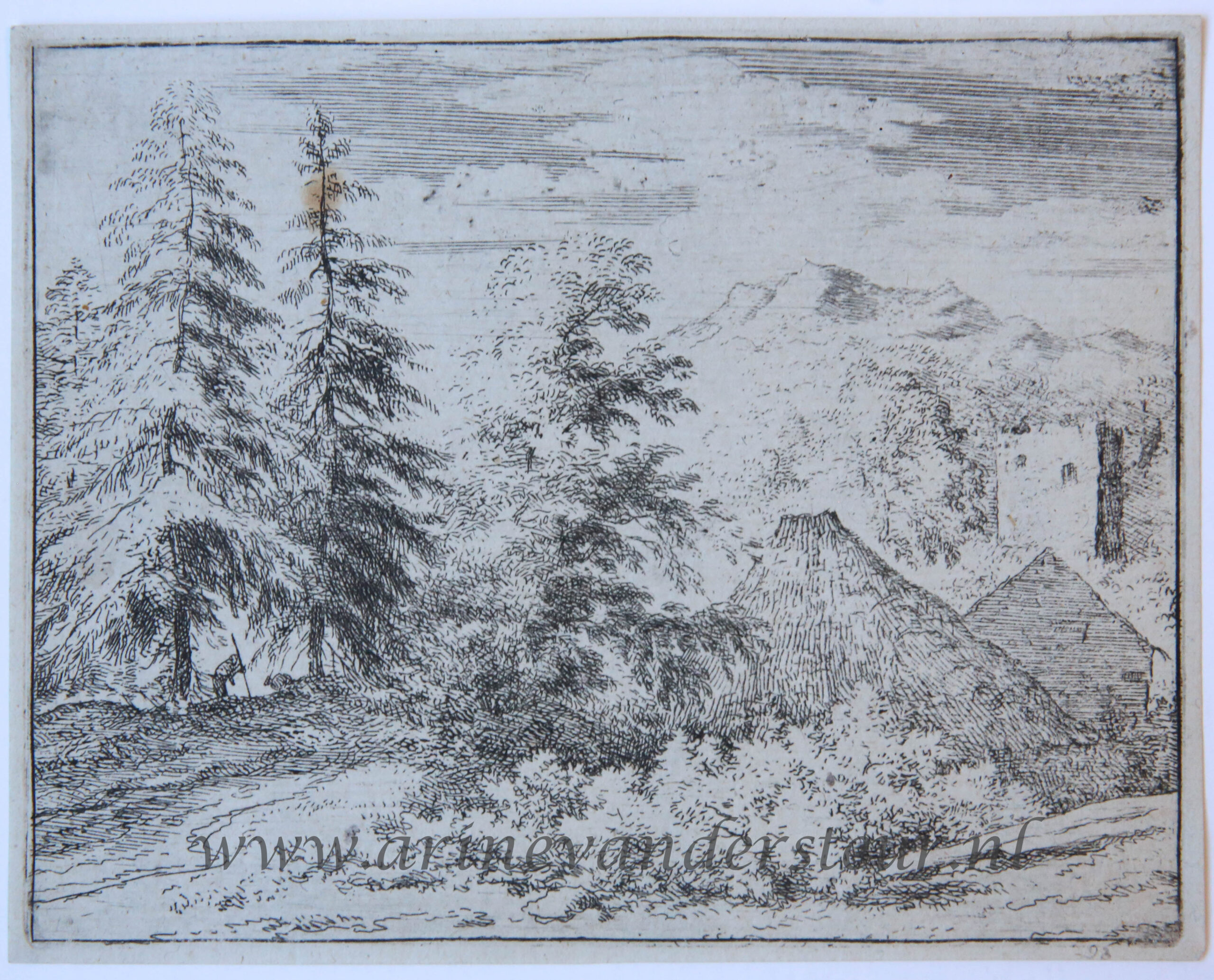 [Antique landscape print, etching/ets] The man between the two fir-trees/de man tussen de twee hoge sparren, published 1631-1675.
