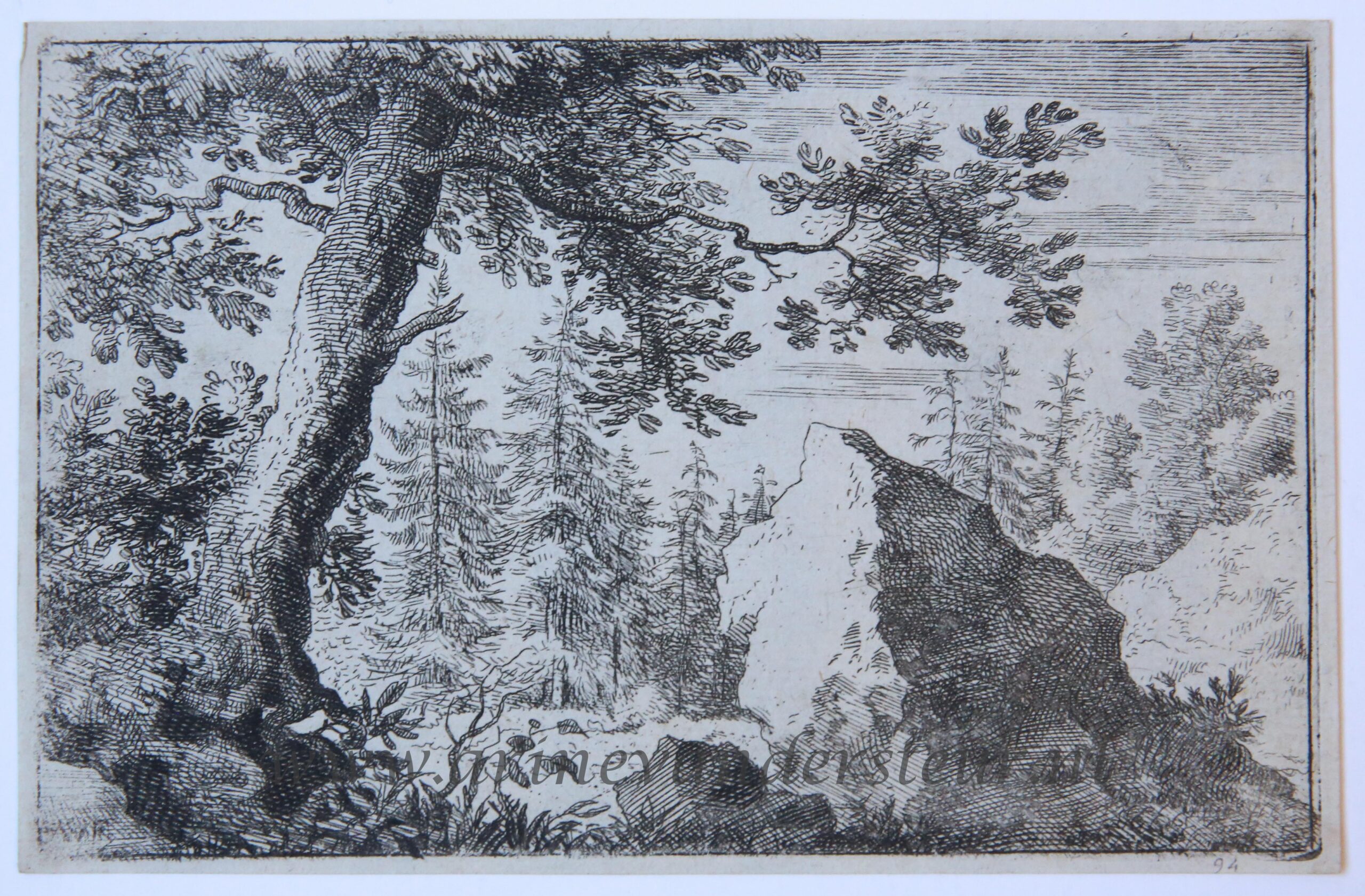 [Antique landscape print, etching/ets] The boulder in the woods/De rots in de bossen, published 1631-1675.