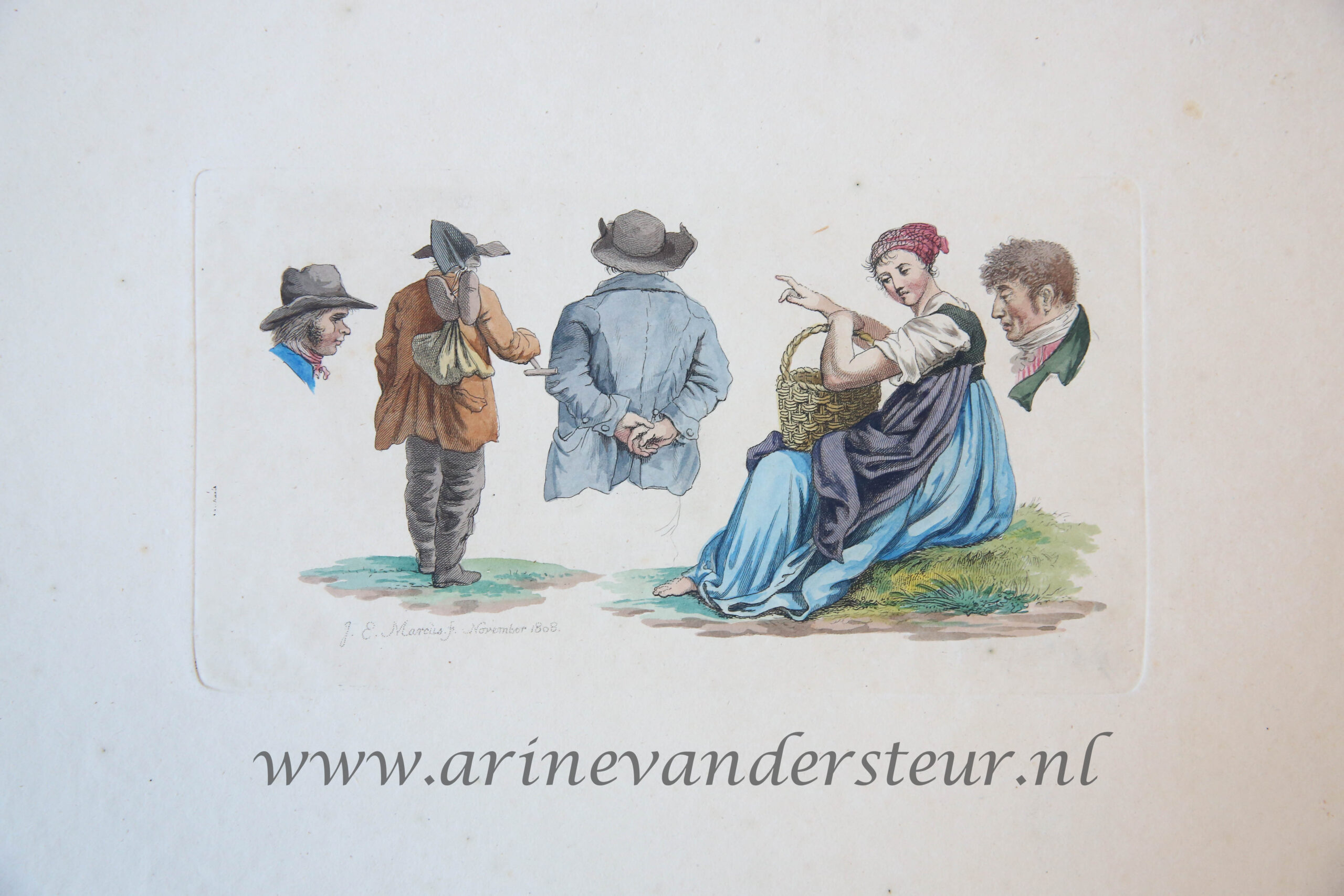 Coloured Study print: woman with basket and other figures. [Etudes gravées de Jacob Ernst Marcus], published 1808.