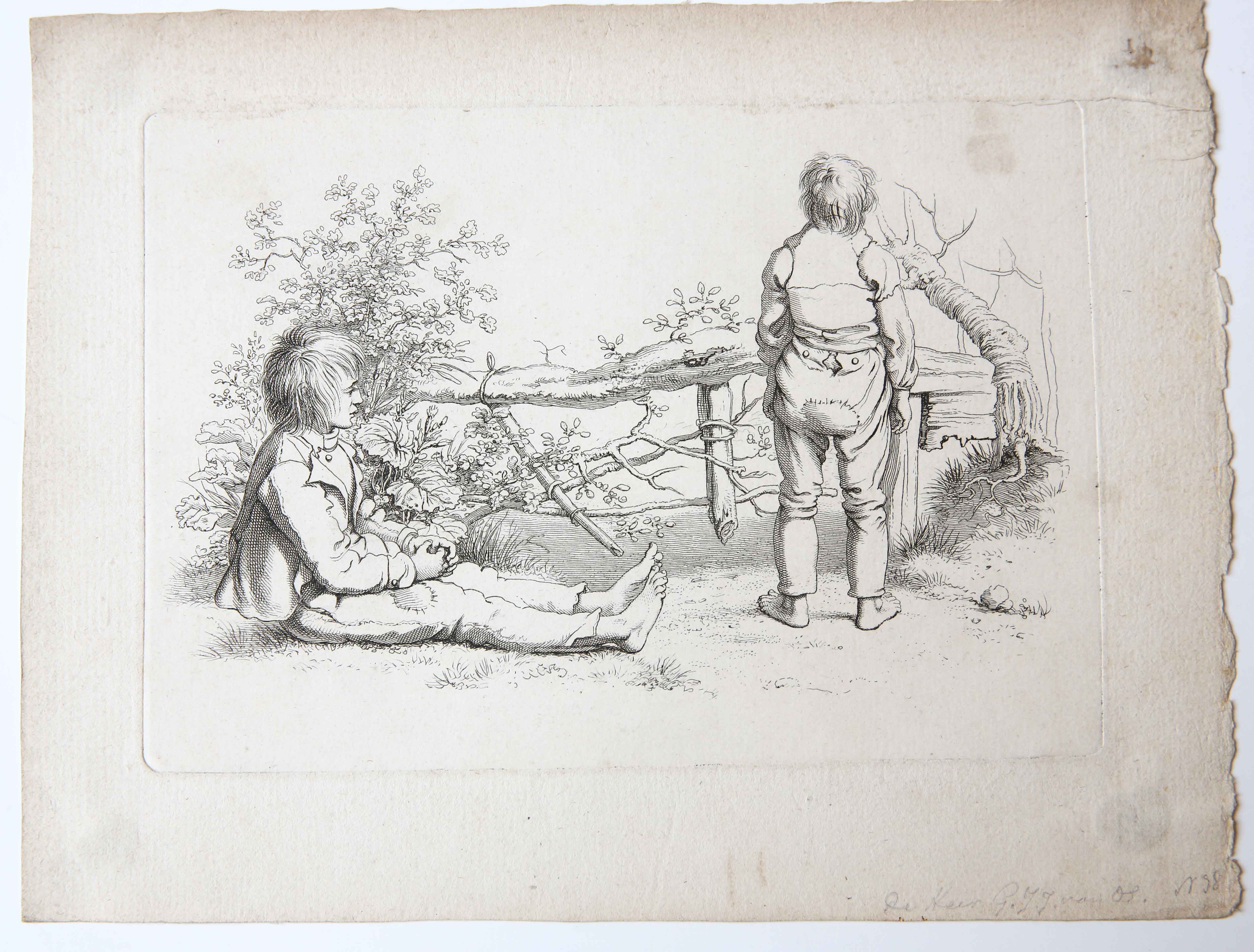 [Antique etching/ets] Study print: two children in the open air. [Etudes gravées de Jacob Ernst Marcus]/Twee kinderen in de open lucht.