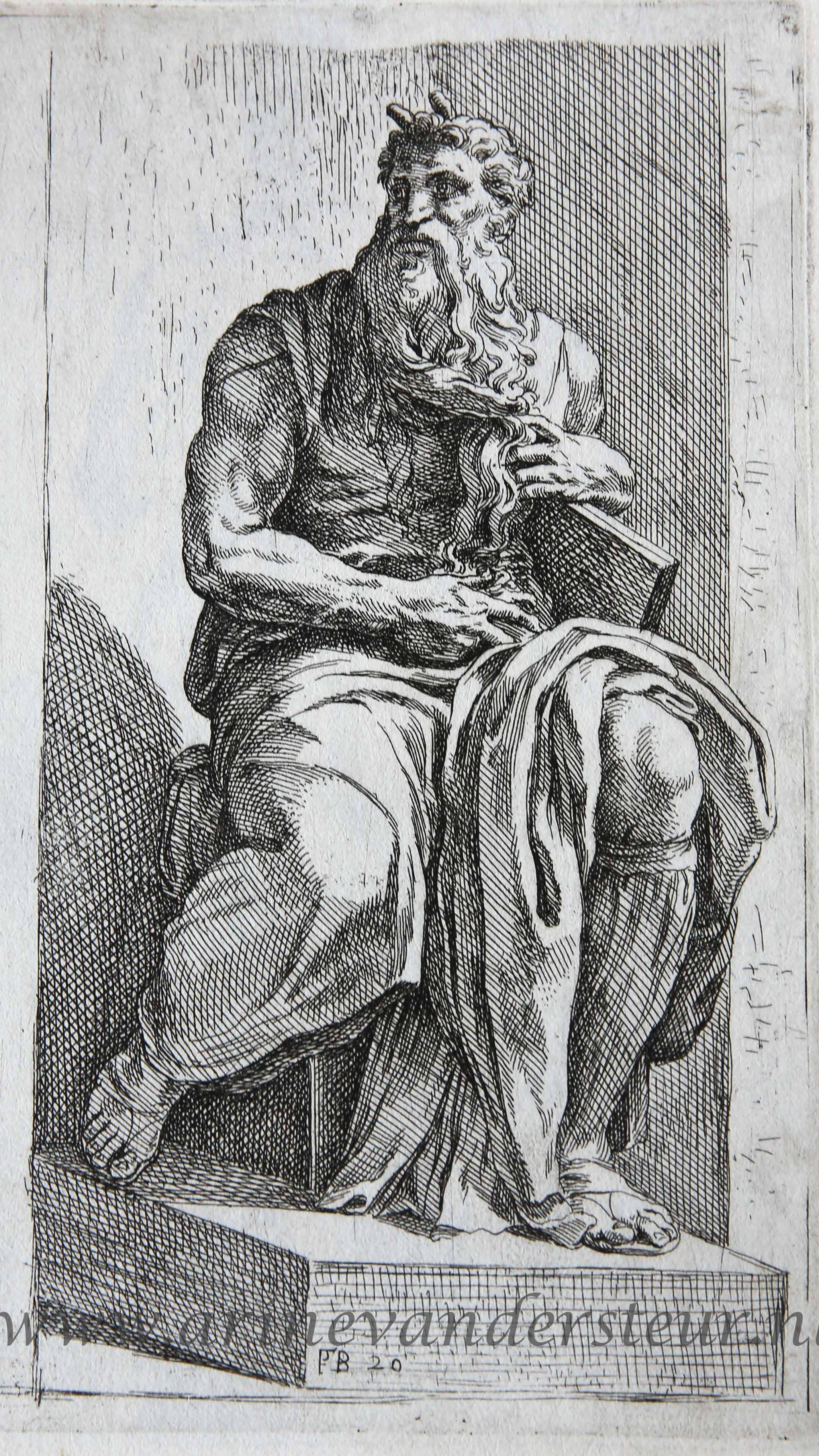 [Original etching/originele ets] Michelangelo's Moses ['Segmenta nobilium signorum et statuarum.', 1638]/De mozes van Michelangelo in de Sint Pieter in Vincoli in Rome.