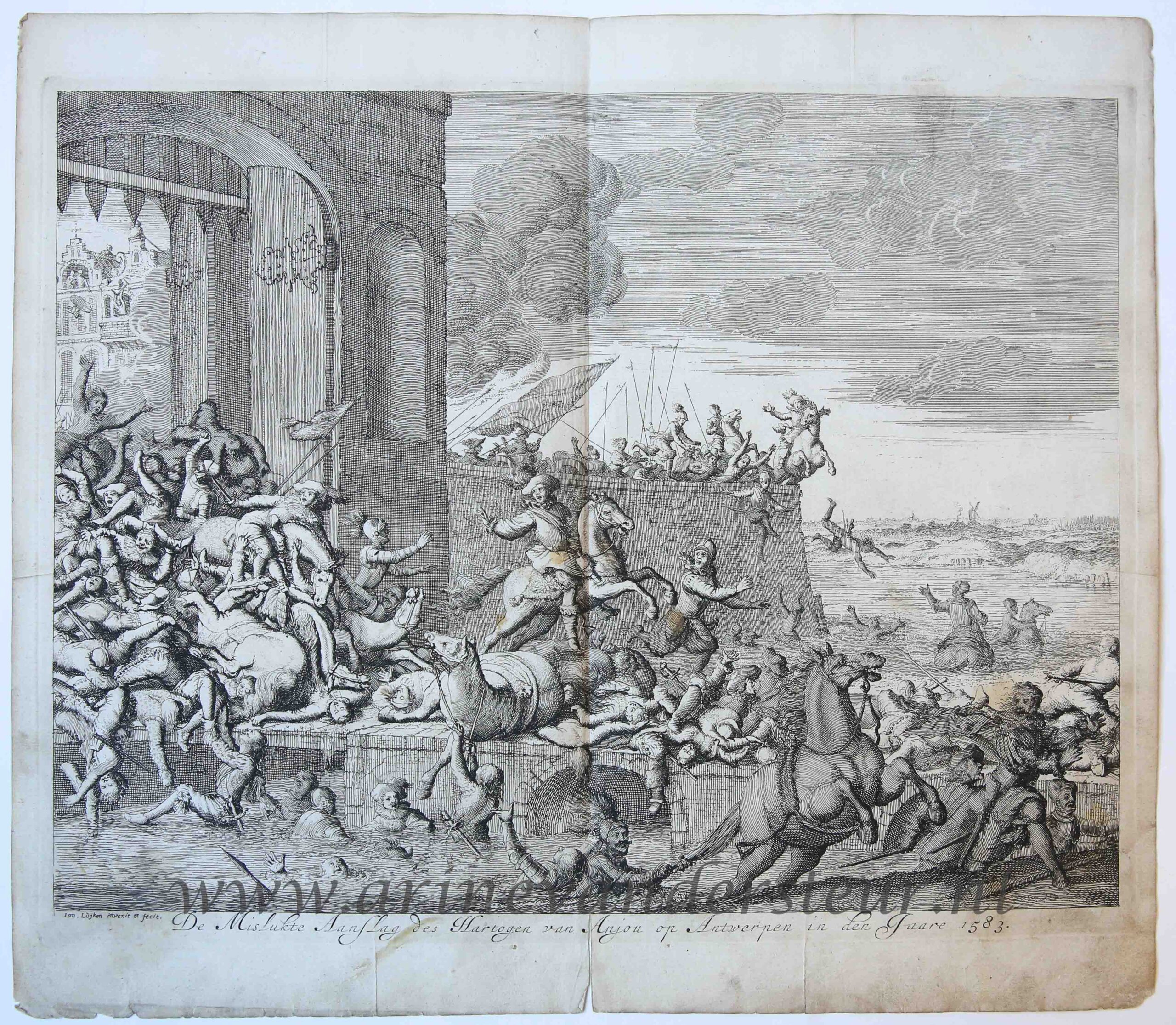 [Antique print, etching] 'De mislukte aanslag des hartogen van Anjou op Antwerpen in den jaare 1583'; French Fury, 1583, published 1679.
