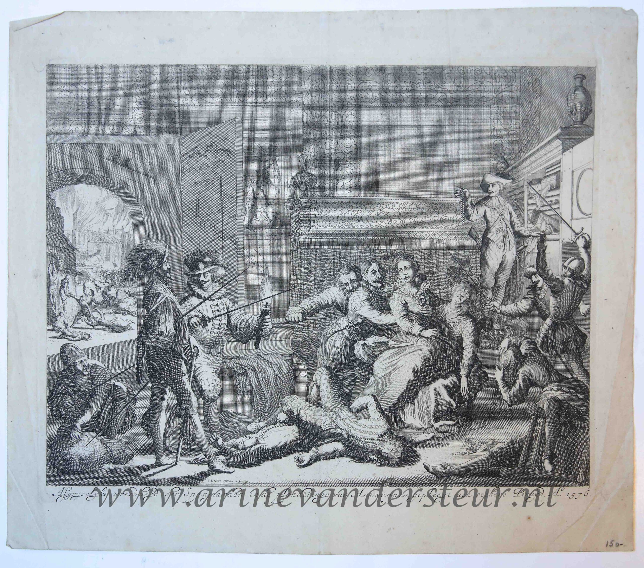 [History print published 1679] 'Afgryselyke wreedheyd des Spanjaarden in de plonderinge van Antwerpen gepleegt aen seekere Bruyd'; Bride abused during the Spanish Fury in Antwerp, 1576