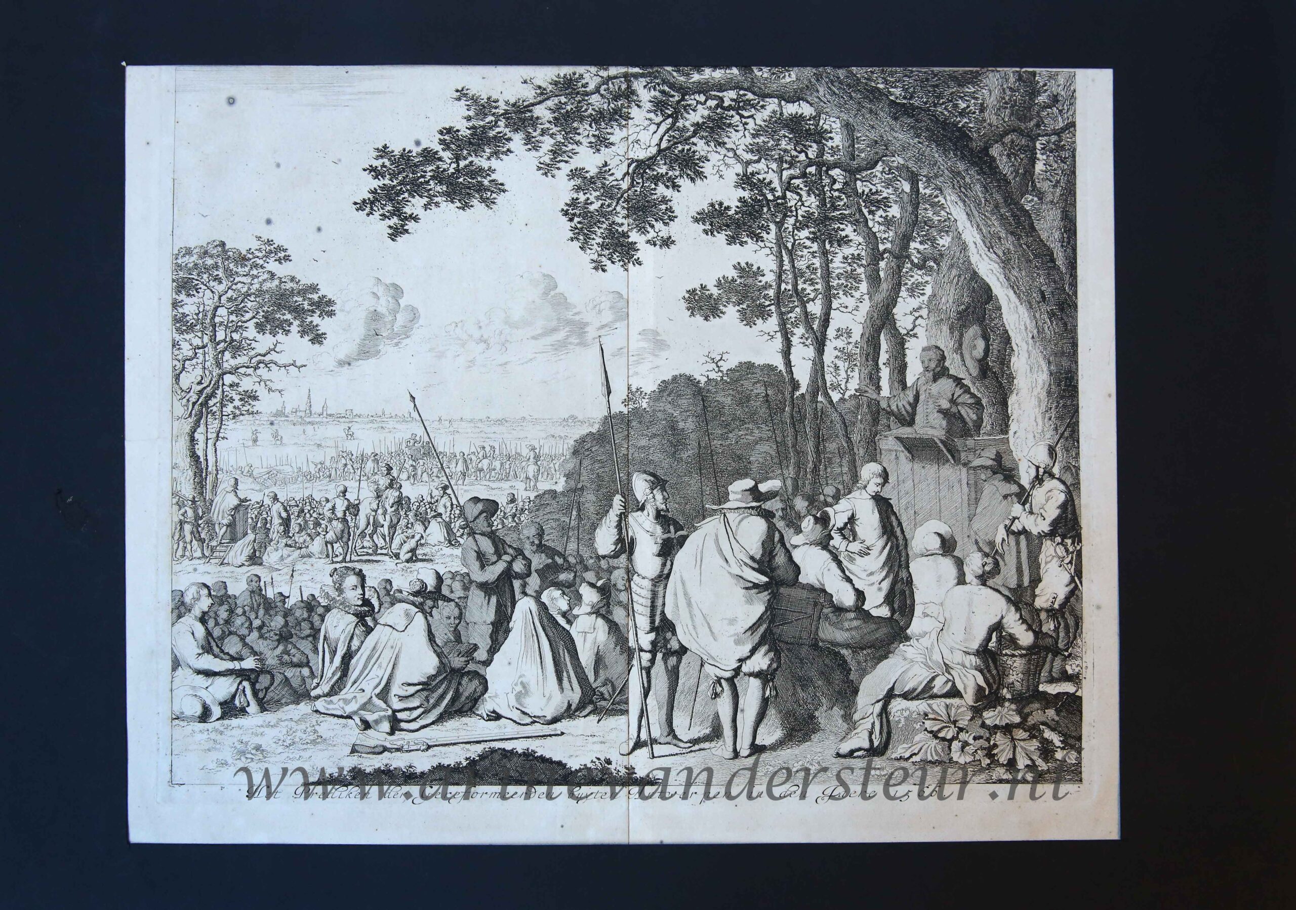 [History print published 1679] 'Prediken der Gereformeerden buyten Antwerpen'; Reformed preaching outside Antwerp, 1566