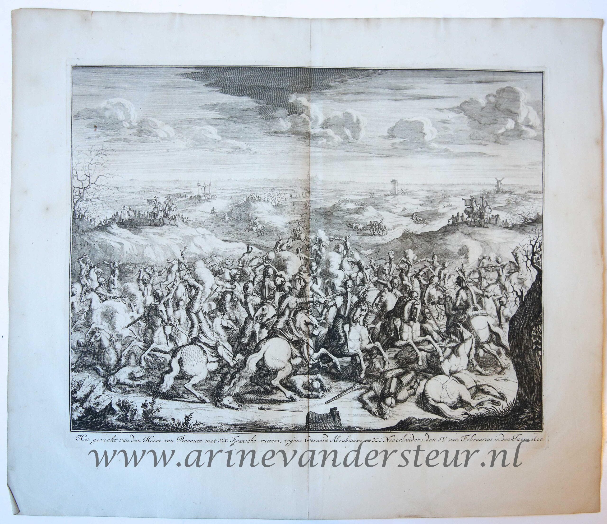 [History print published 1684] 'Het gevecht van den Heere van Breaute met XX Fransche ruiters, tegens Geraerd Abrahamsz en XX Nederlanders'; Battle of Lekkerbeetje, 1600