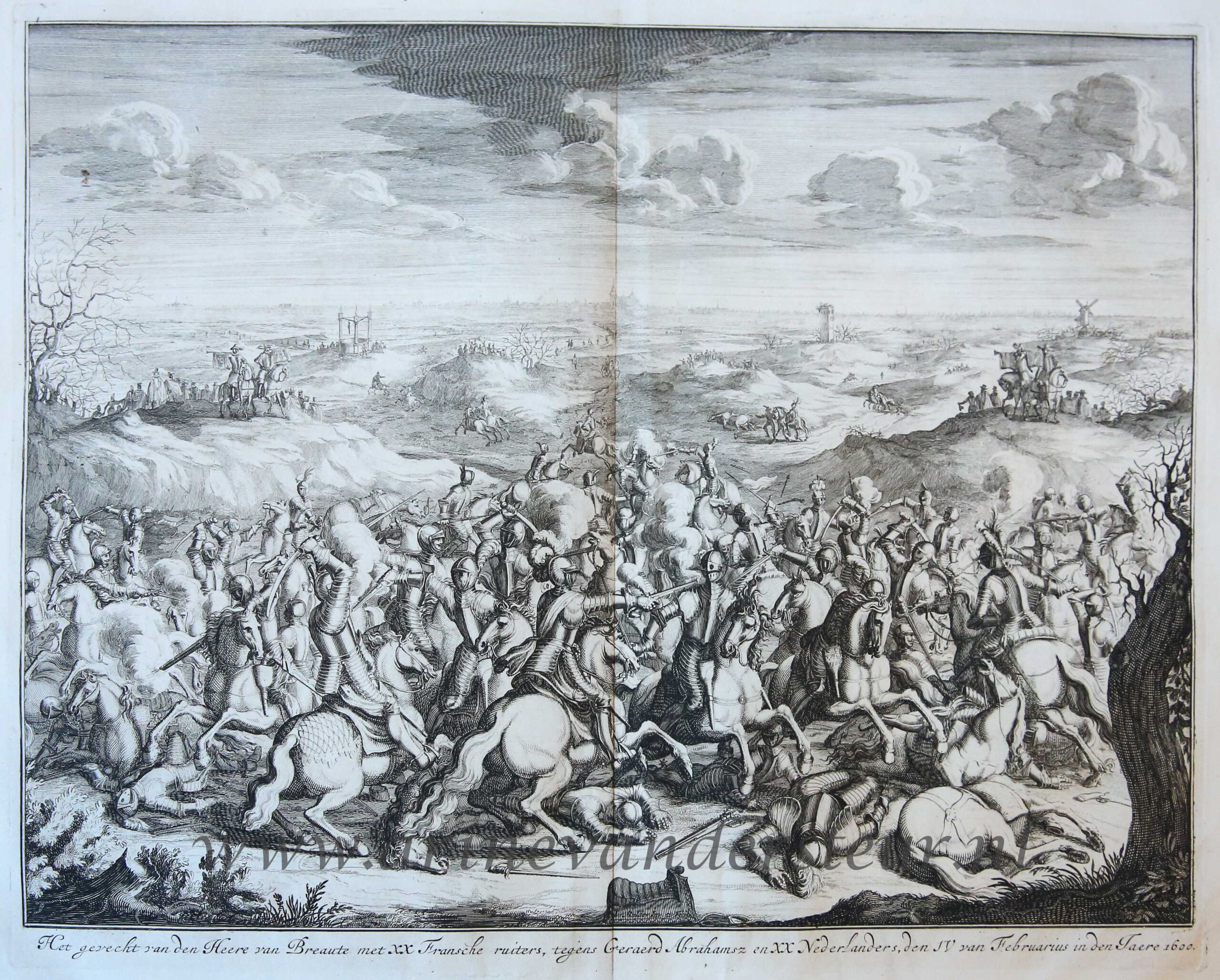 [History print published 1684] 'Het gevecht van den Heere van Breaute met XX Fransche ruiters, tegens Geraerd Abrahamsz en XX Nederlanders'; Battle of Lekkerbeetje, 1600
